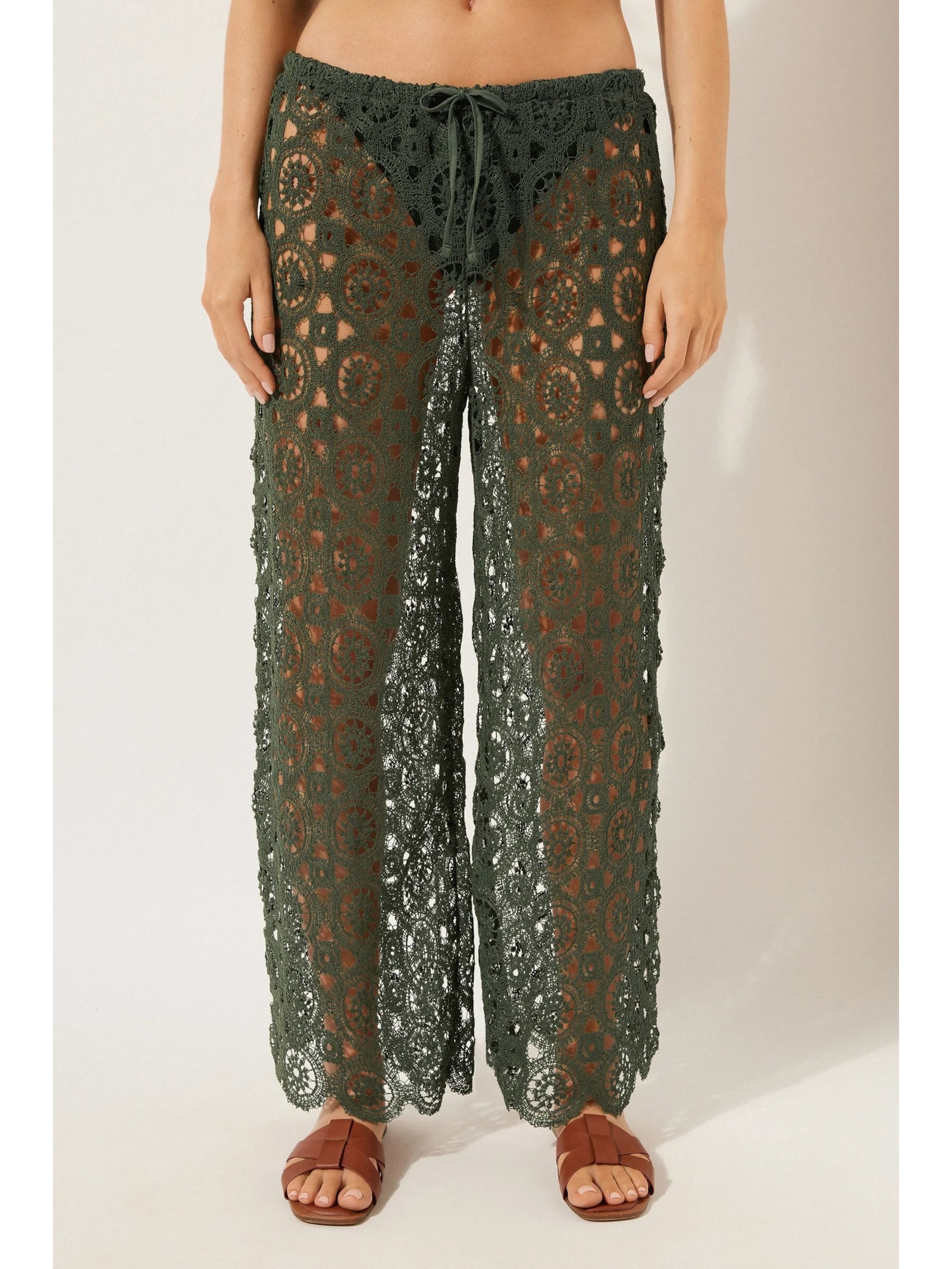 Calça Pantalona Em Crochê Geométrico Verde Calzedonia
