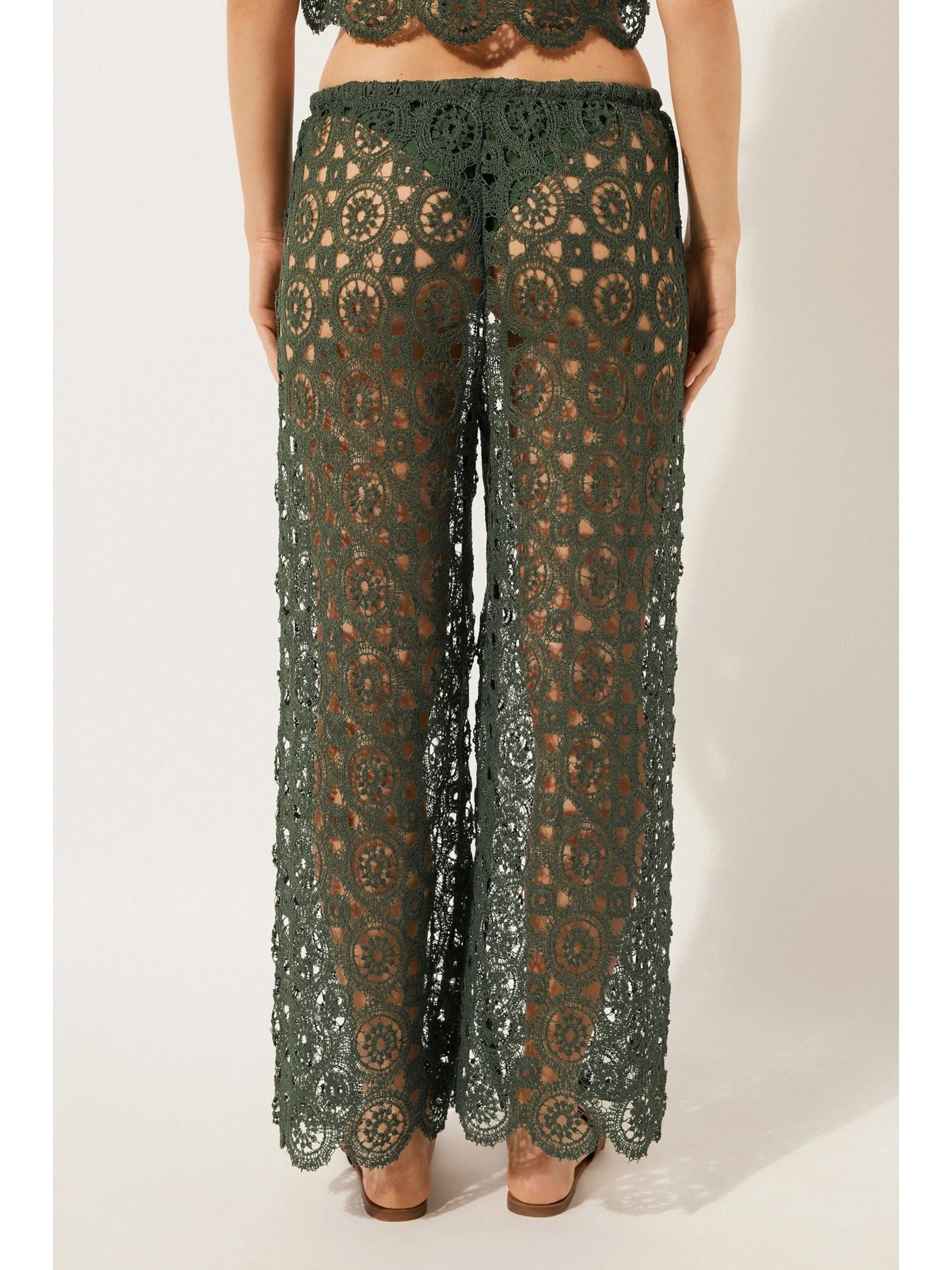 Calça Pantalona Em Crochê Geométrico Verde Calzedonia