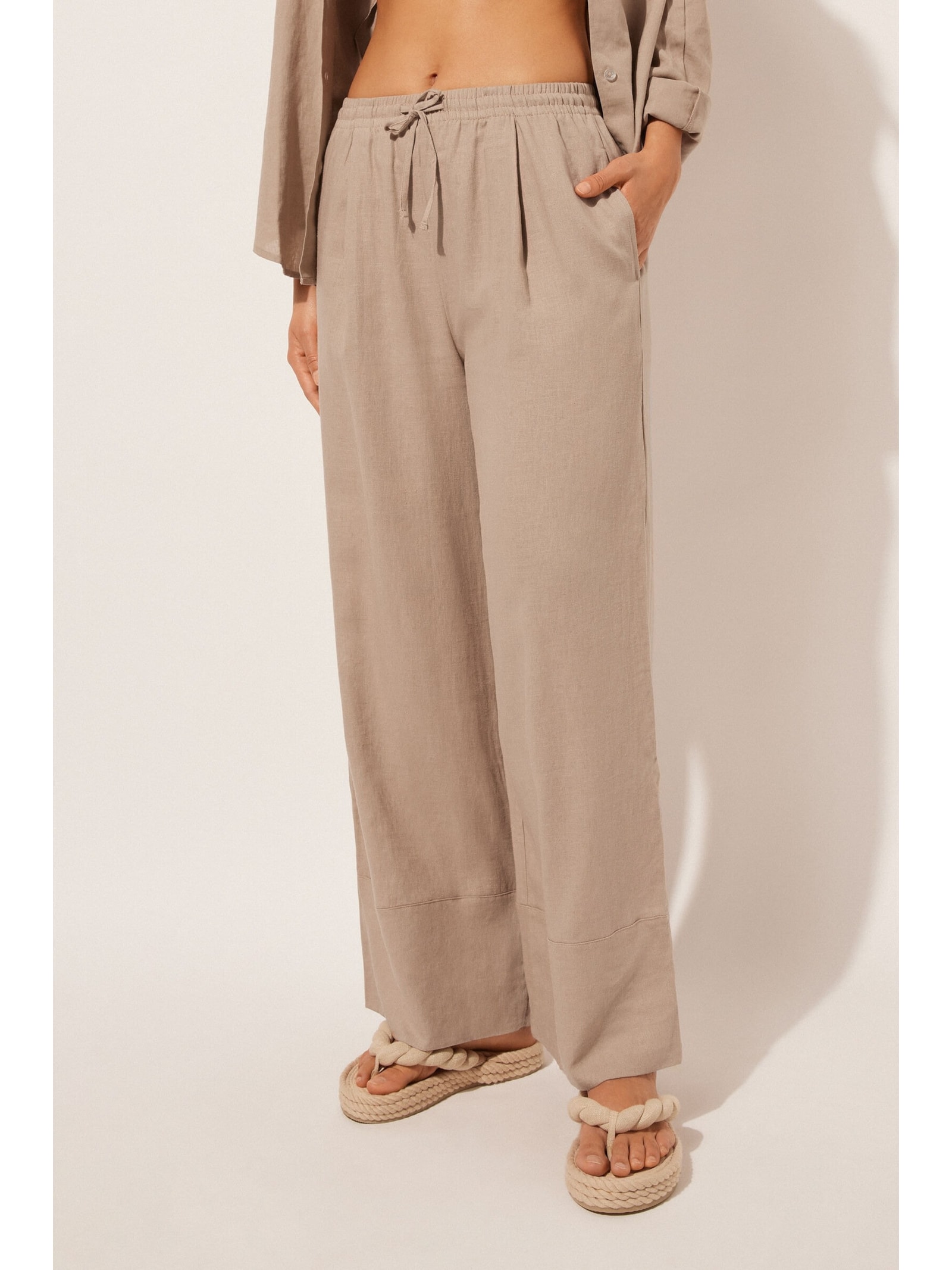 Calça Pantalona Em Linho e Viscose Bege Calzedonia