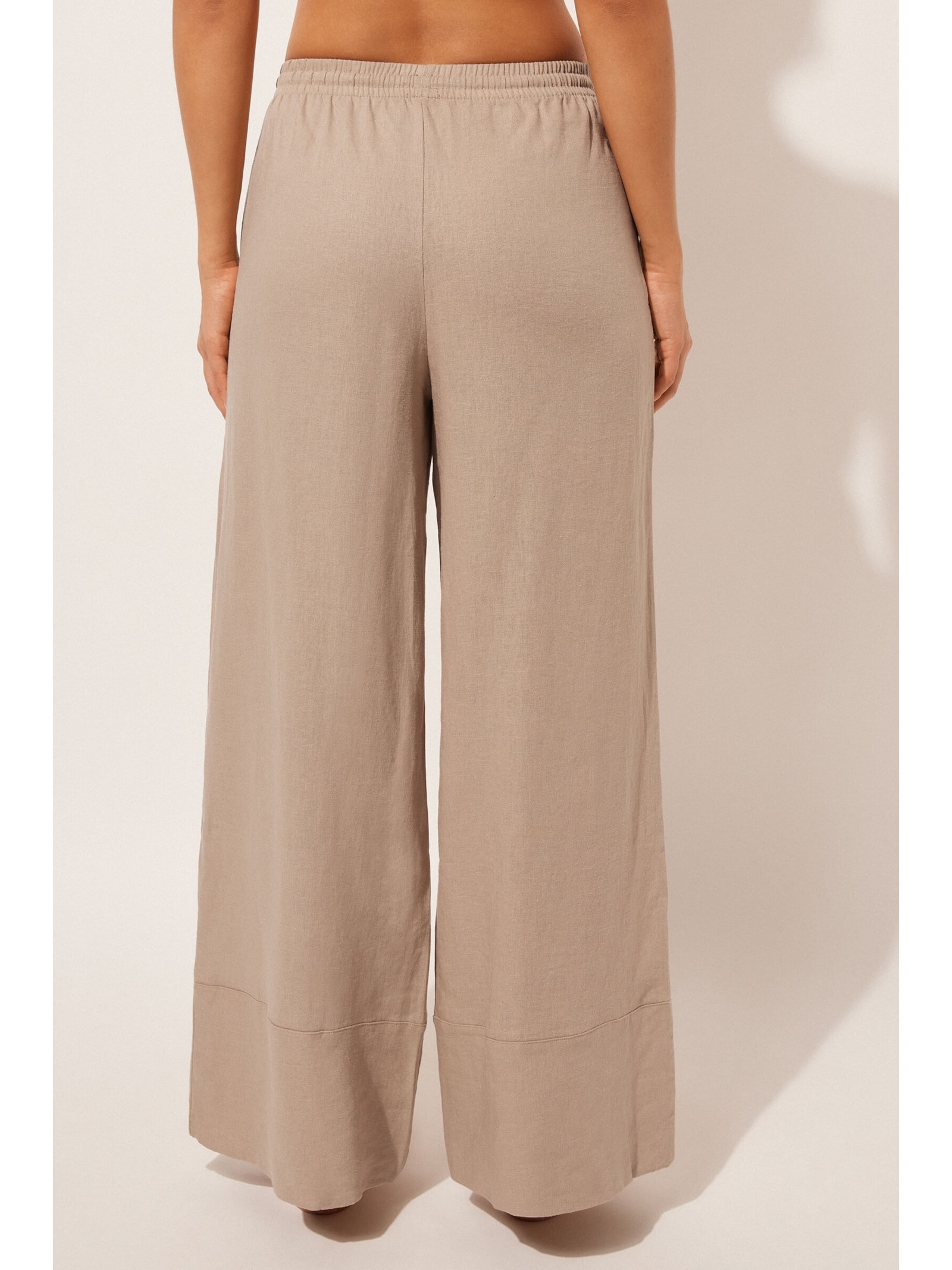 Calça Pantalona Em Linho e Viscose Bege Calzedonia