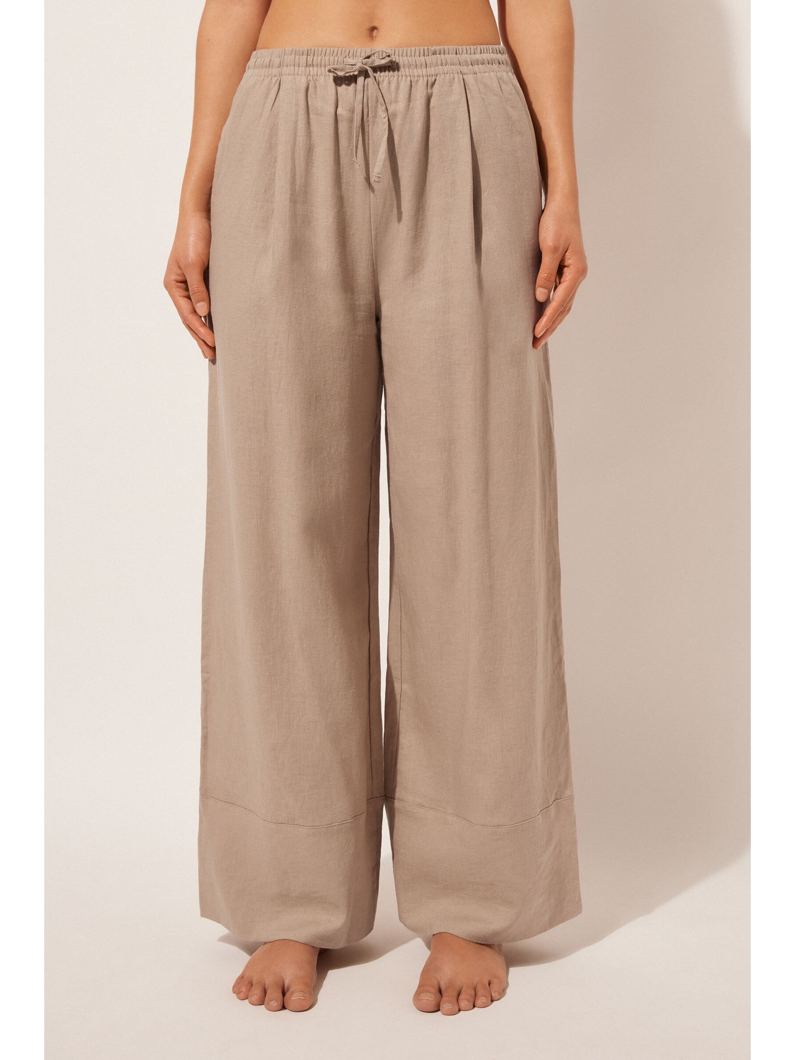 Calça Pantalona Em Linho e Viscose Bege Calzedonia