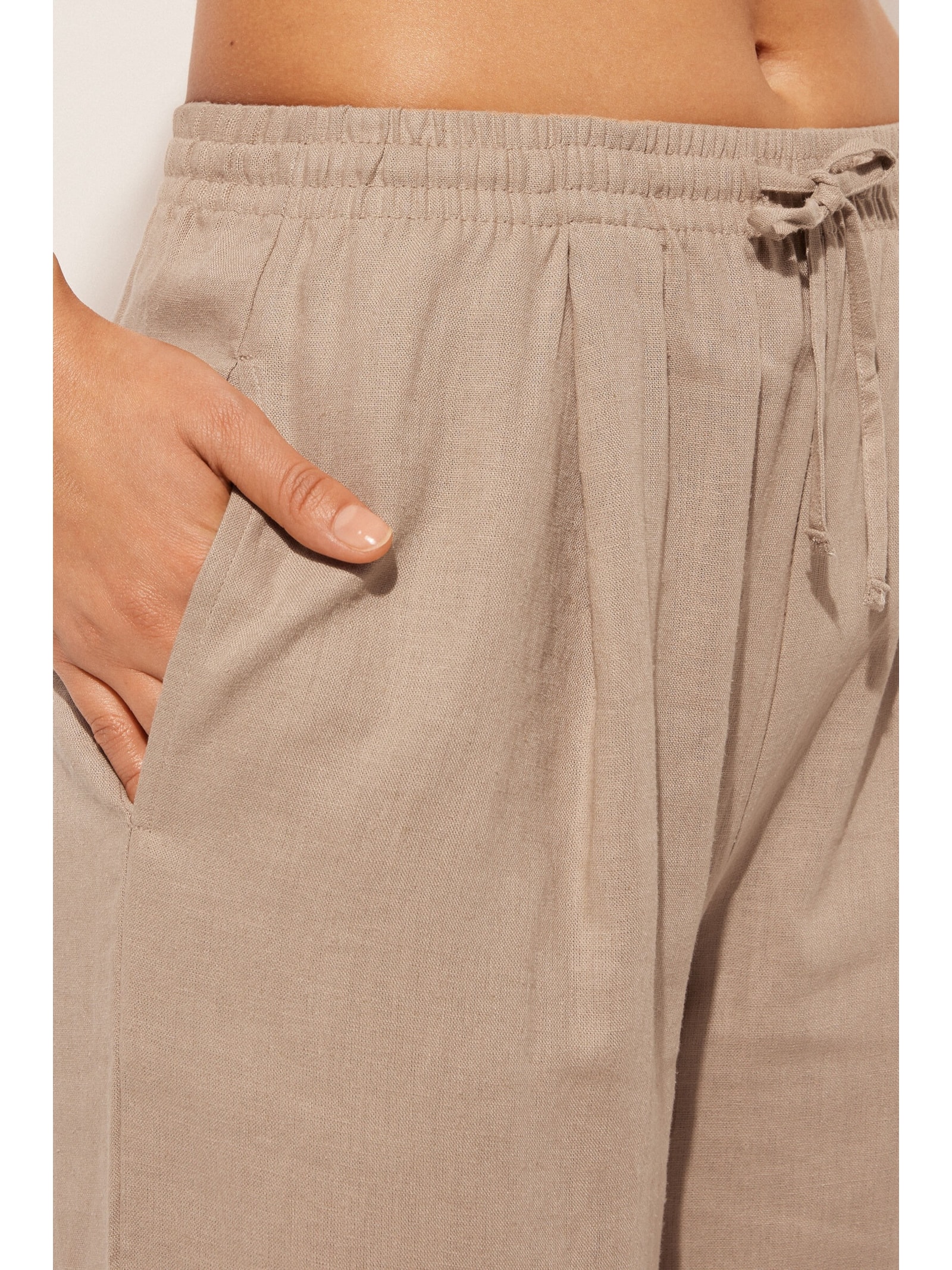 Calça Pantalona Em Linho e Viscose Bege Calzedonia