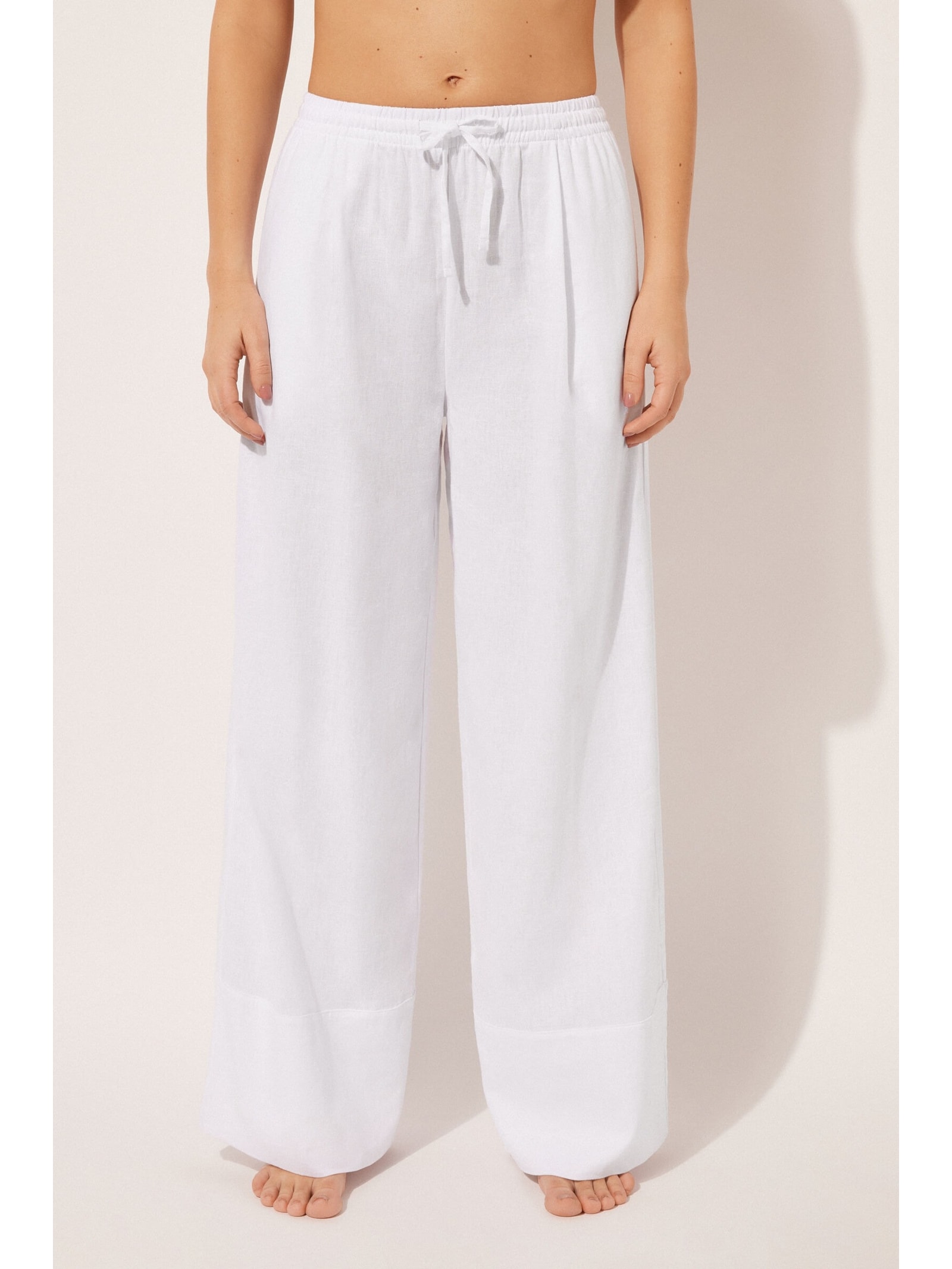 Calça Pantalona Em Linho e Viscose Branco Calzedonia