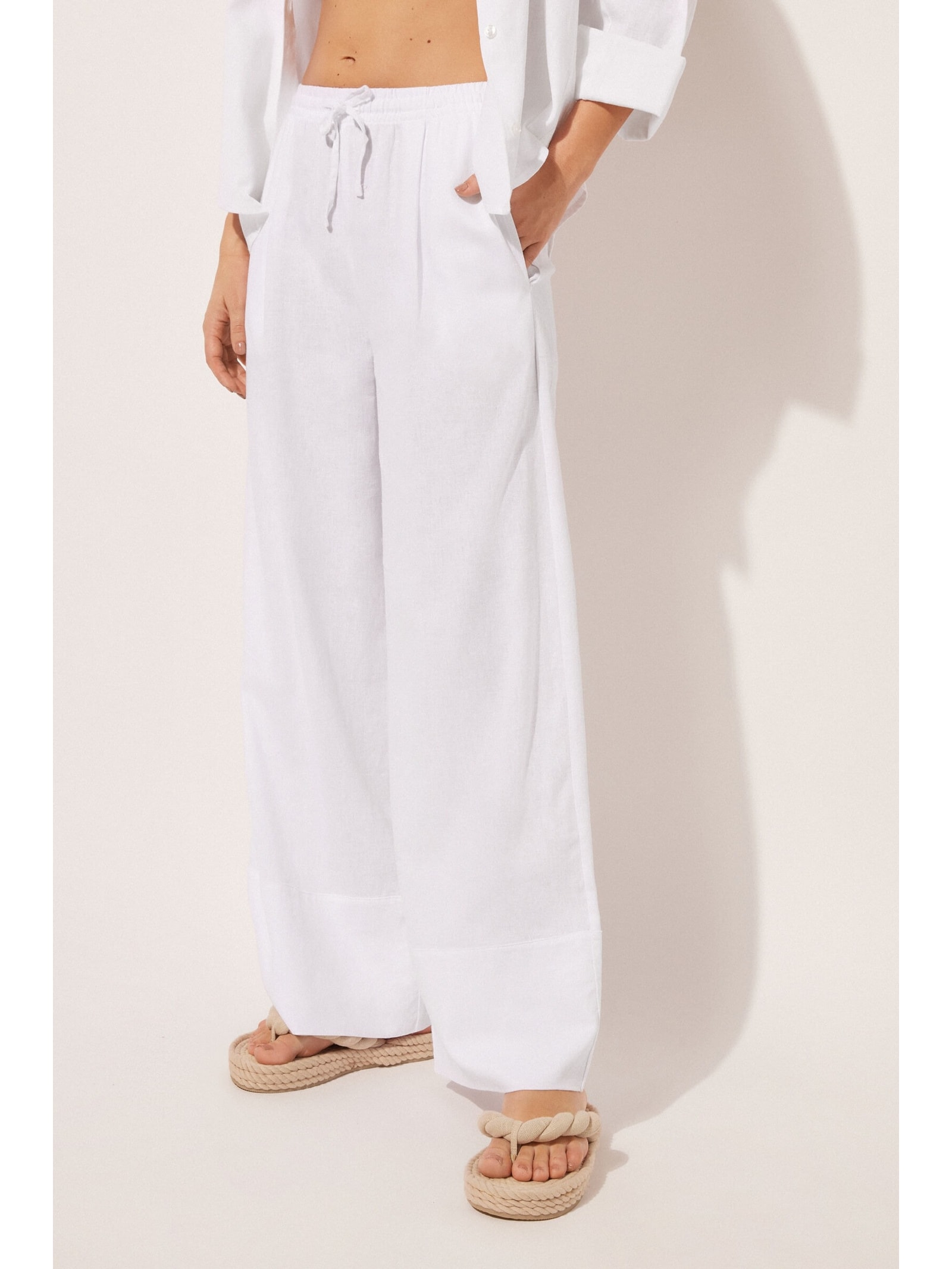 Calça Pantalona Em Linho e Viscose Branco Calzedonia