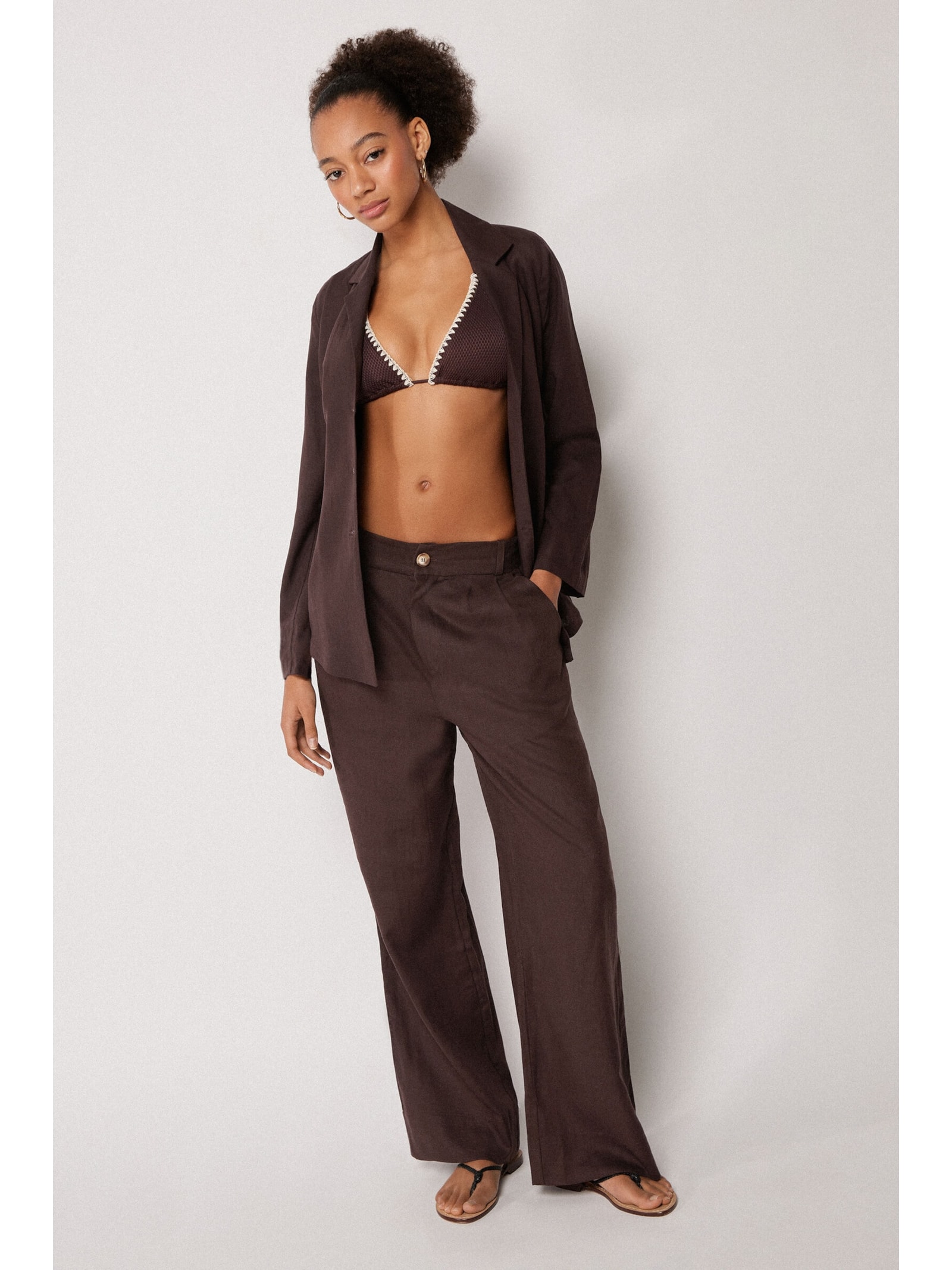 Calça Pantalona Em Linho e Viscose Marrom Calzedonia