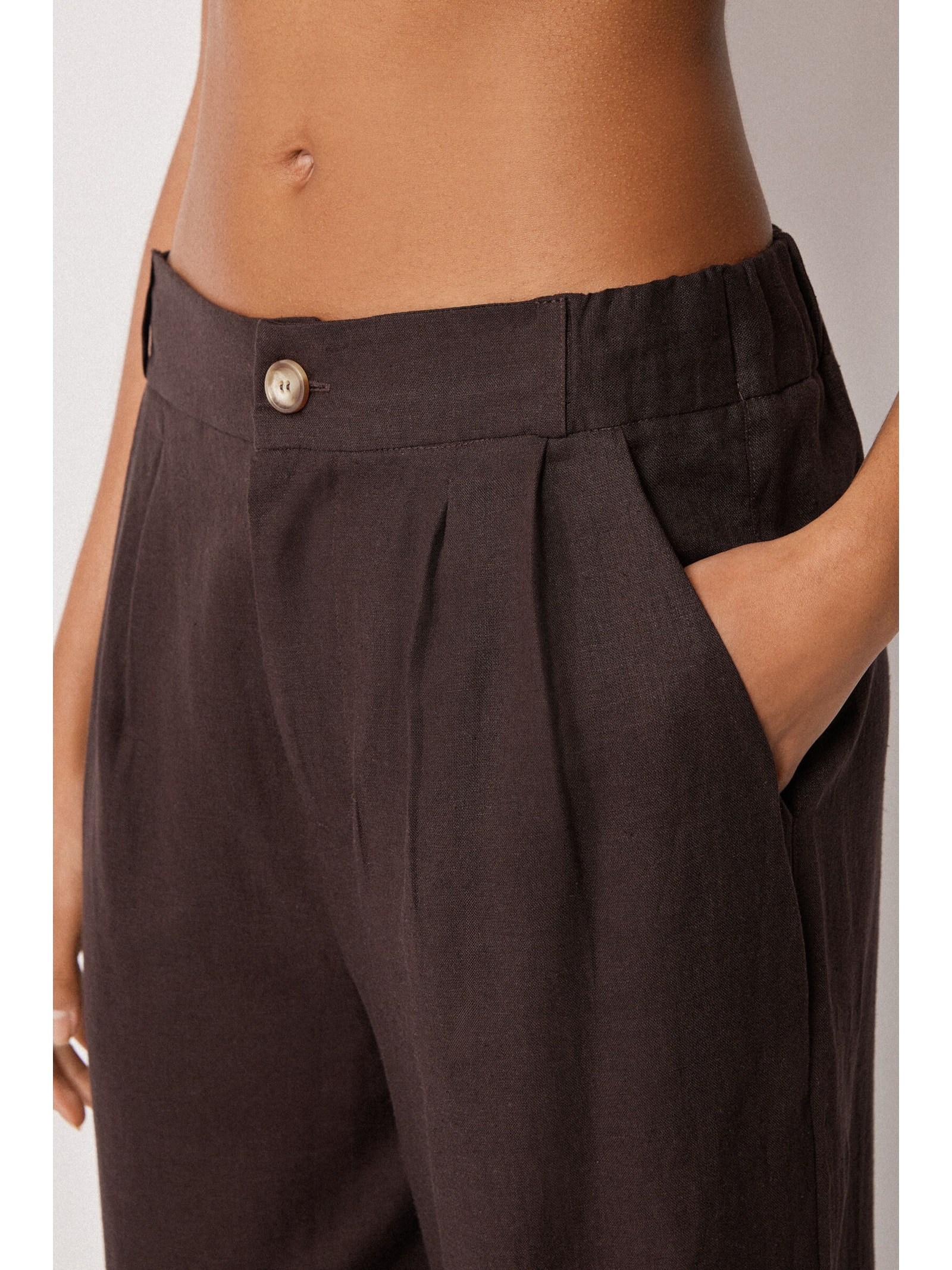 Calça Pantalona Em Linho e Viscose Marrom Calzedonia