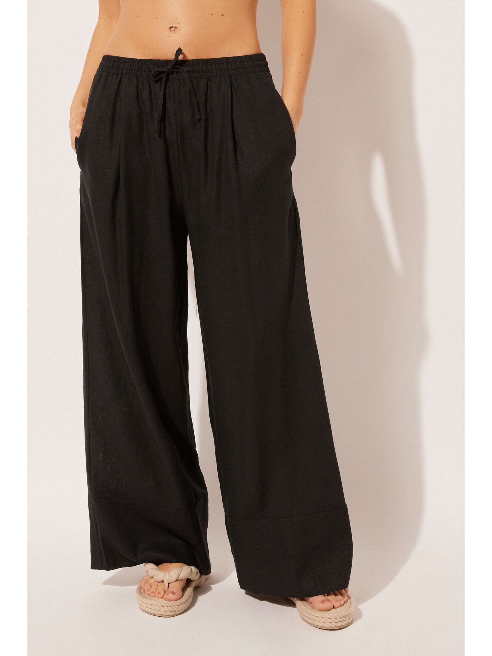 Calça Pantalona Em Linho e Viscose Preto Calzedonia