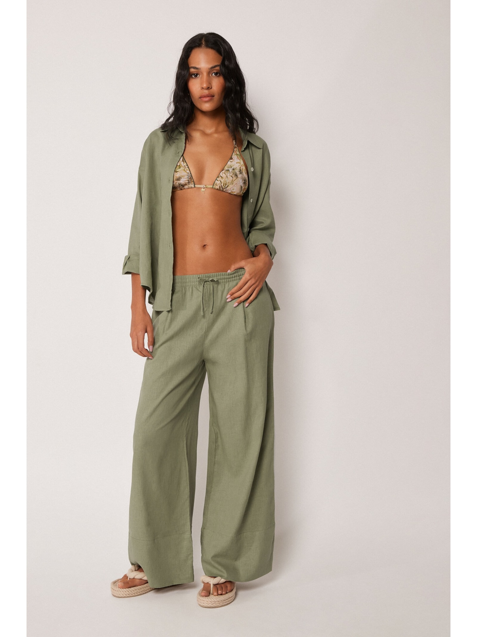 Calça Pantalona Em Linho e Viscose Verde Calzedonia