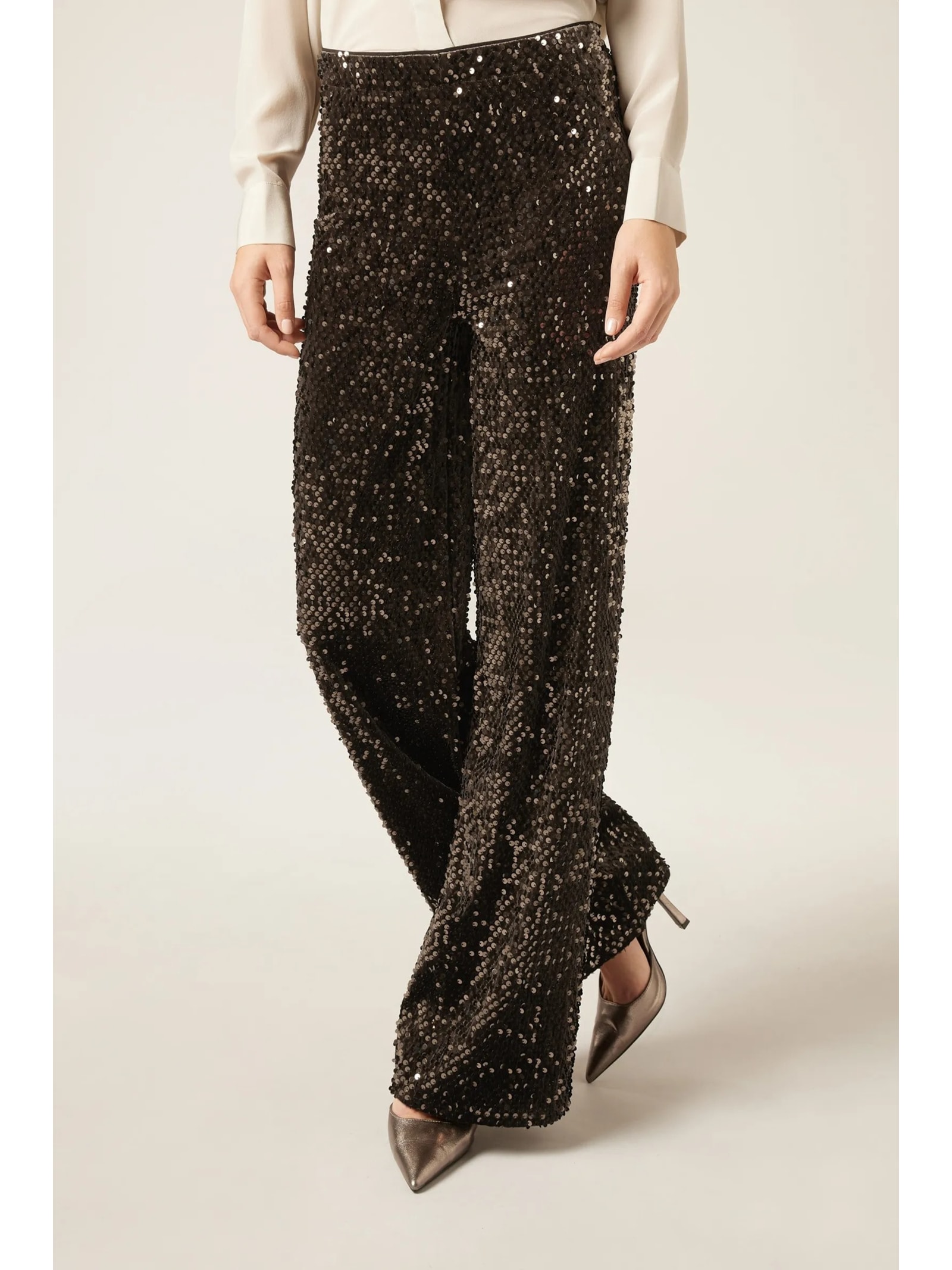 Calça Pantalona Em Veludo e Paetê Marrom Calzedonia