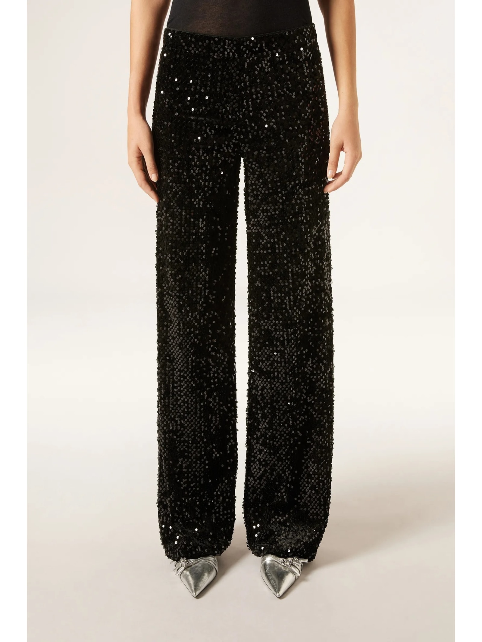 Calça Pantalona Em Veludo e Paetê Preto Calzedonia