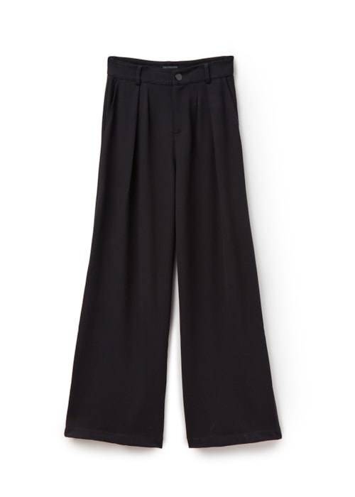 Calça Pantalona Em Viscose Com Pregas - Preto