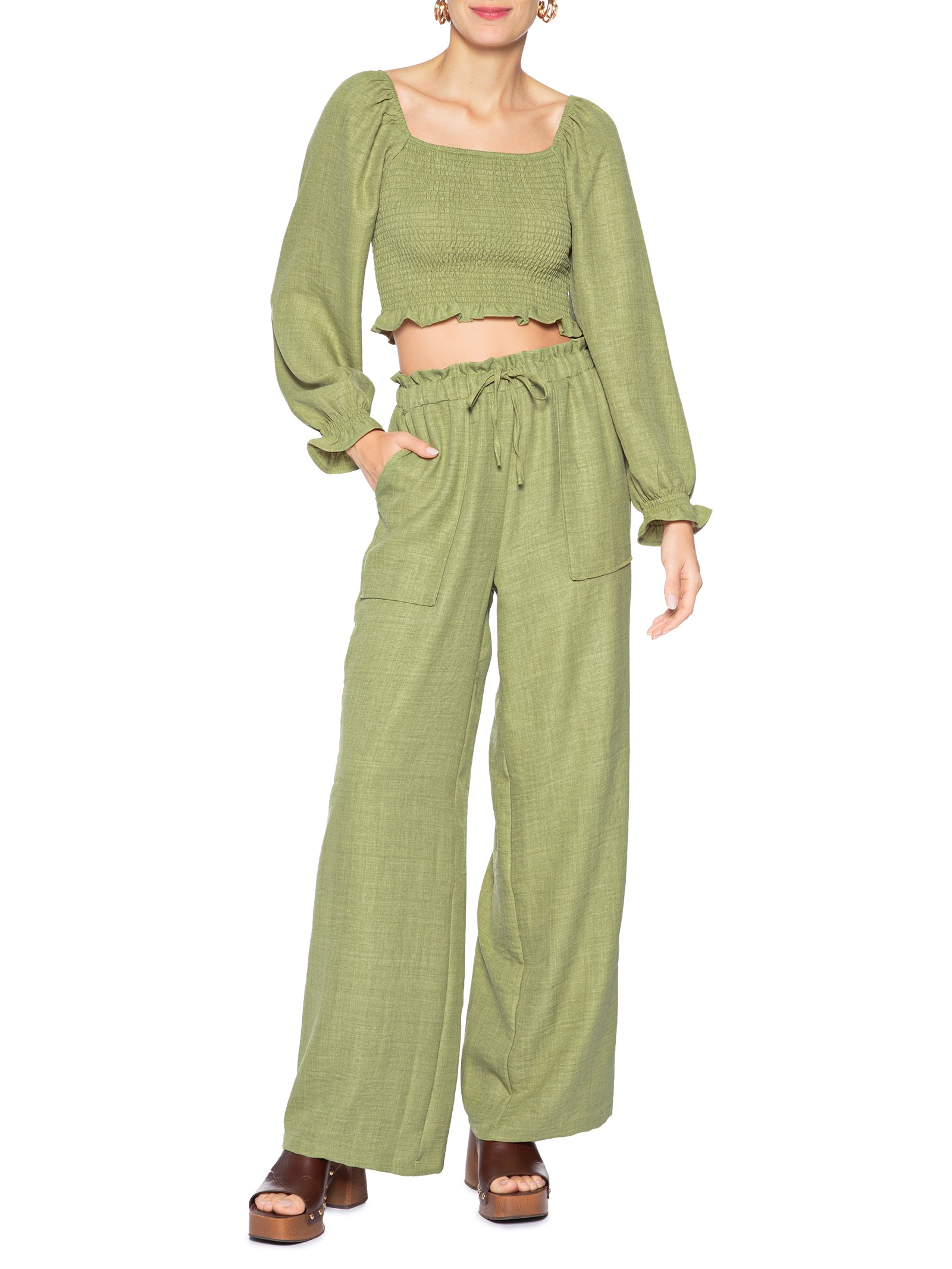 Calça Pantalona Feminina com Amarração Verde Market 33