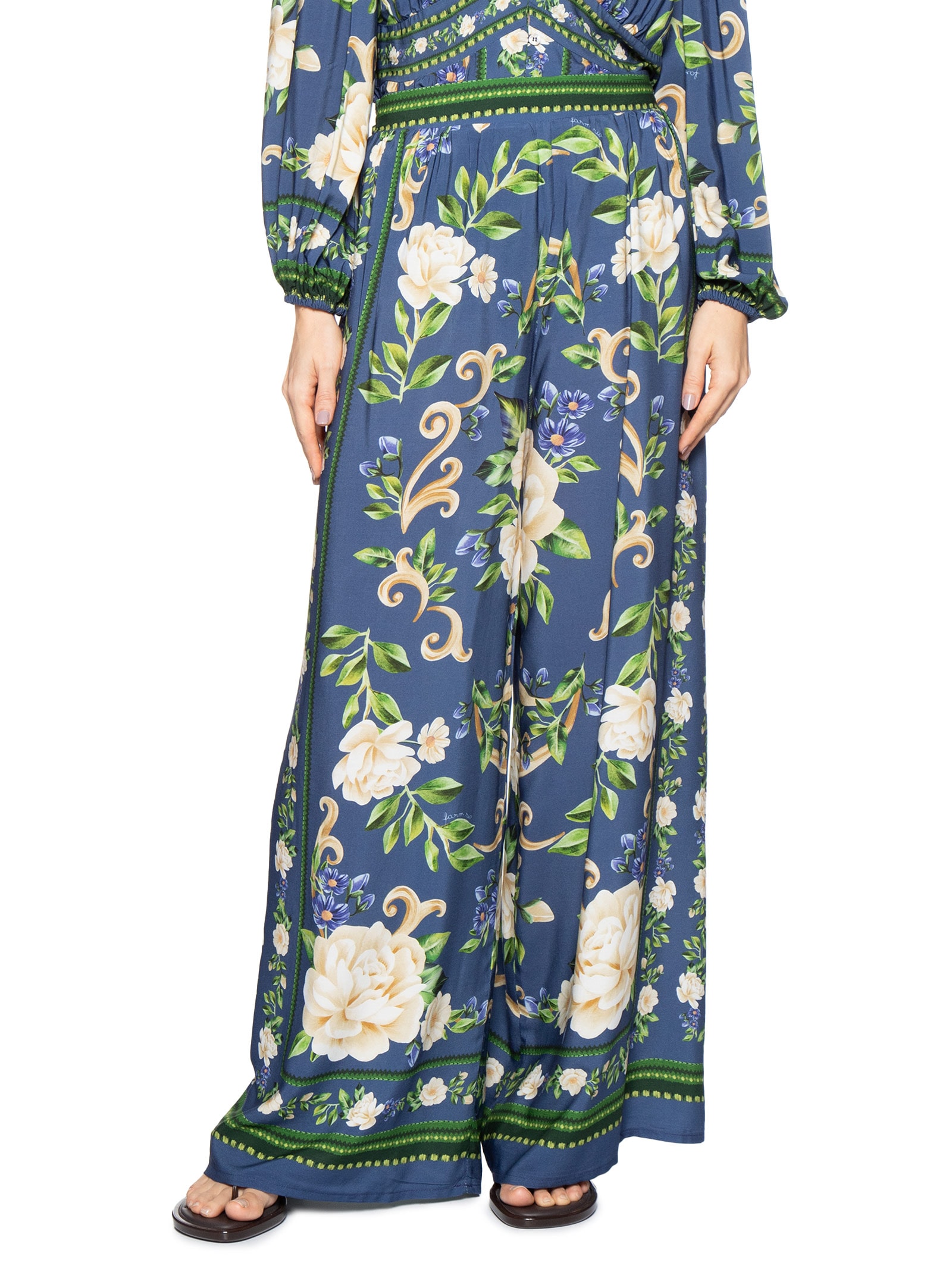 Calça Pantalona Flor Celeste E Azul Farm