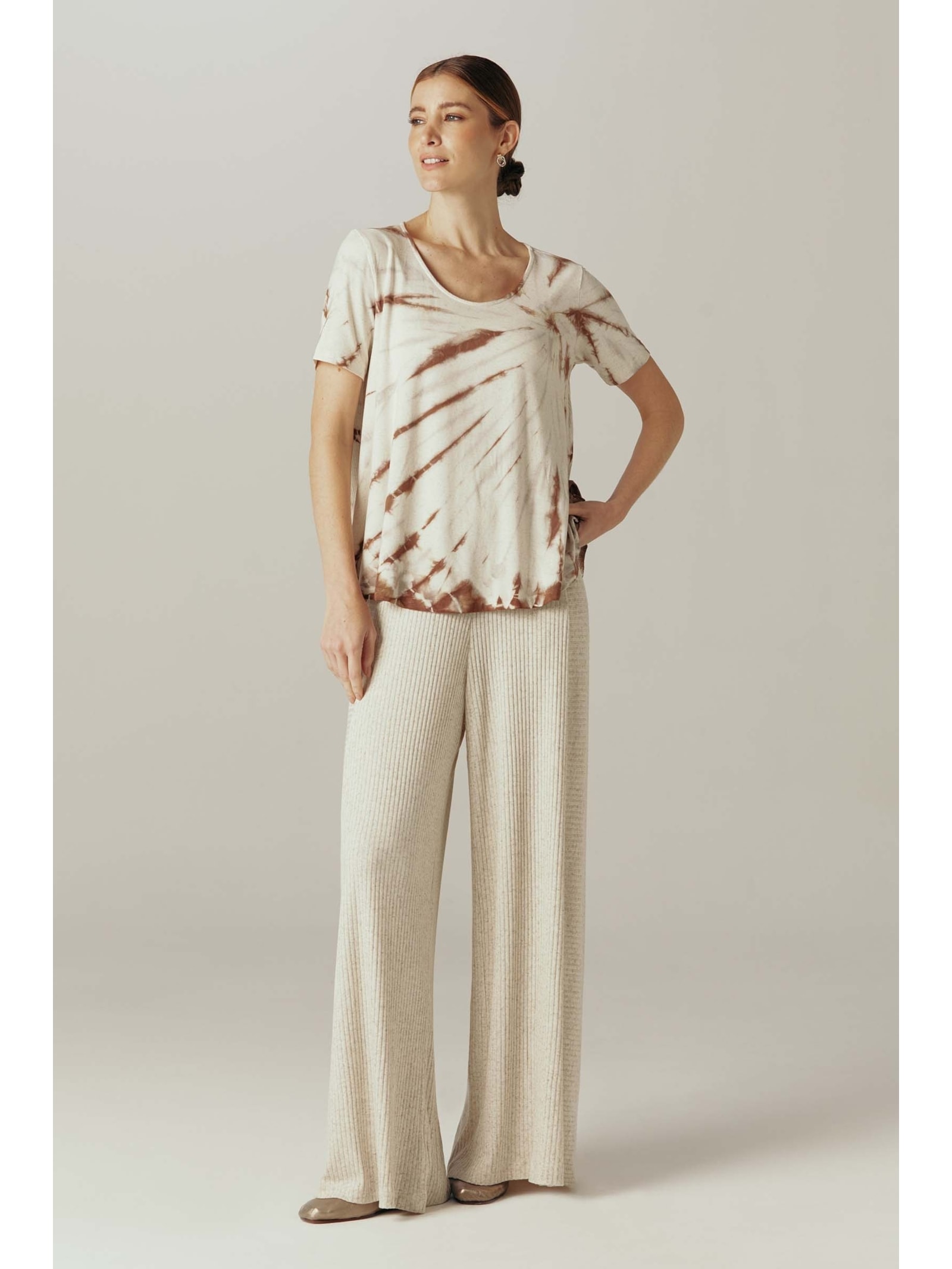 Calça Pantalona Mescla Bege Modal Simone Yogini