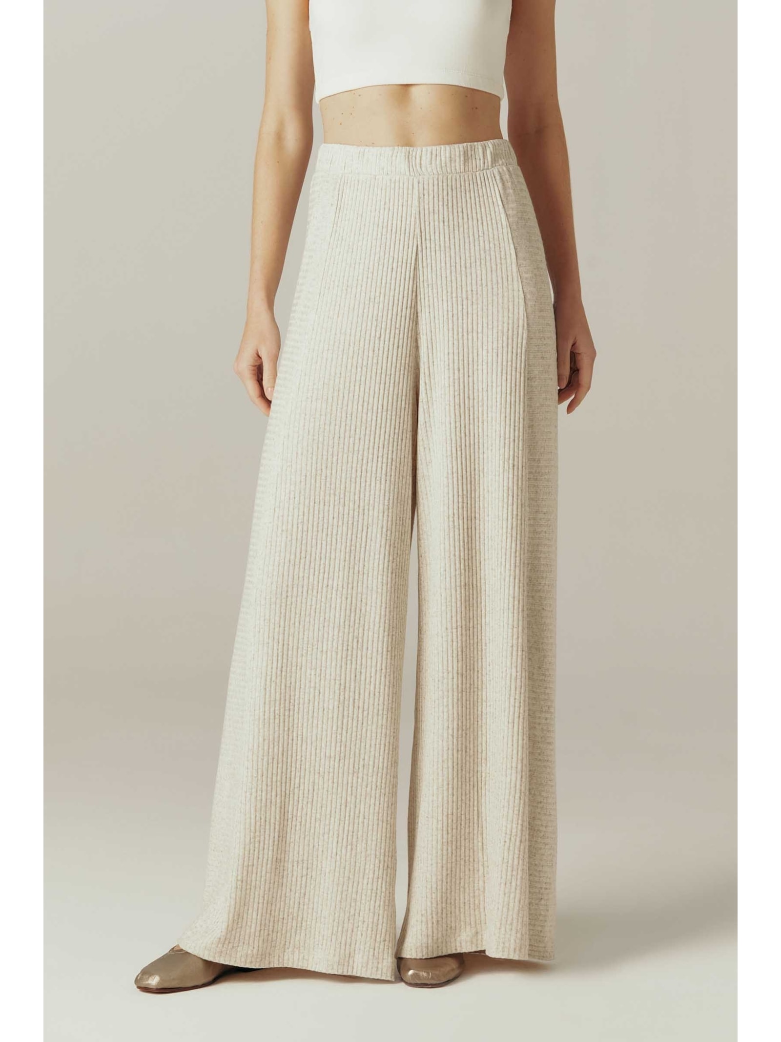 Calça Pantalona Mescla Bege Modal Simone Yogini