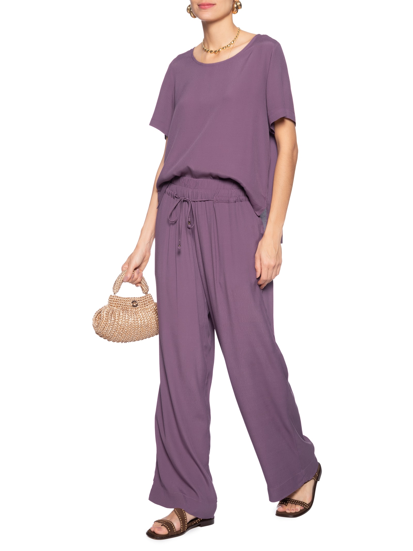 Calça Reta Cintura Elástico Roxo Maria Filó