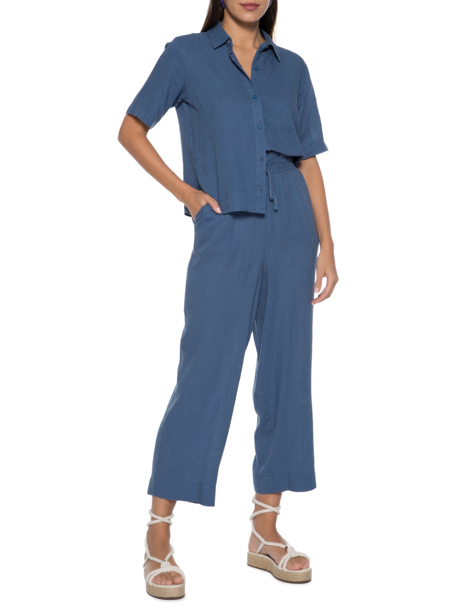 Calça Reta Cós Elástico Azul Basiq