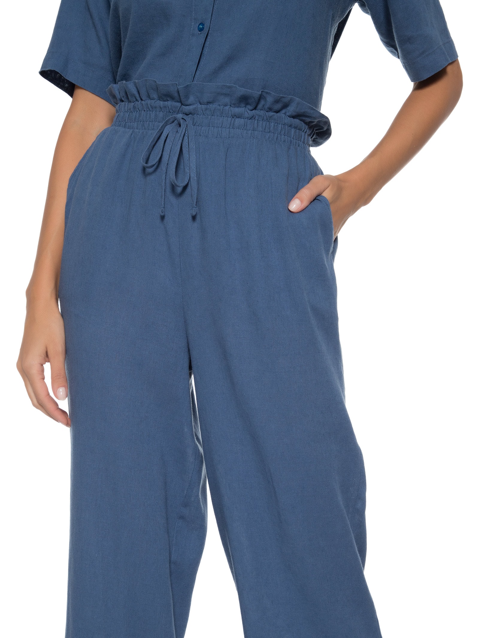 Calça Reta Cós Elástico Azul Basiq