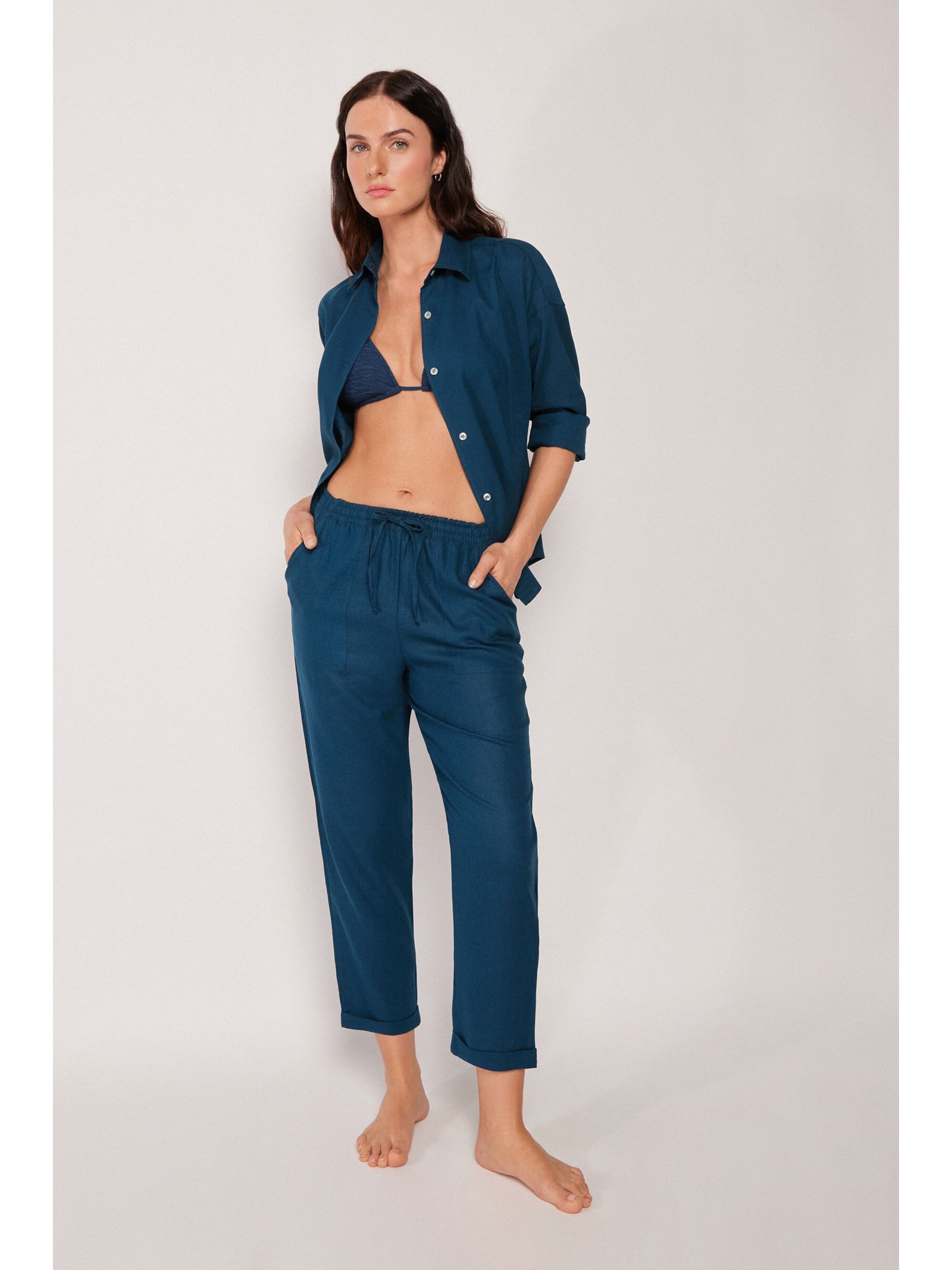 Calça Reta Em Linho e Viscose Azul Calzedonia