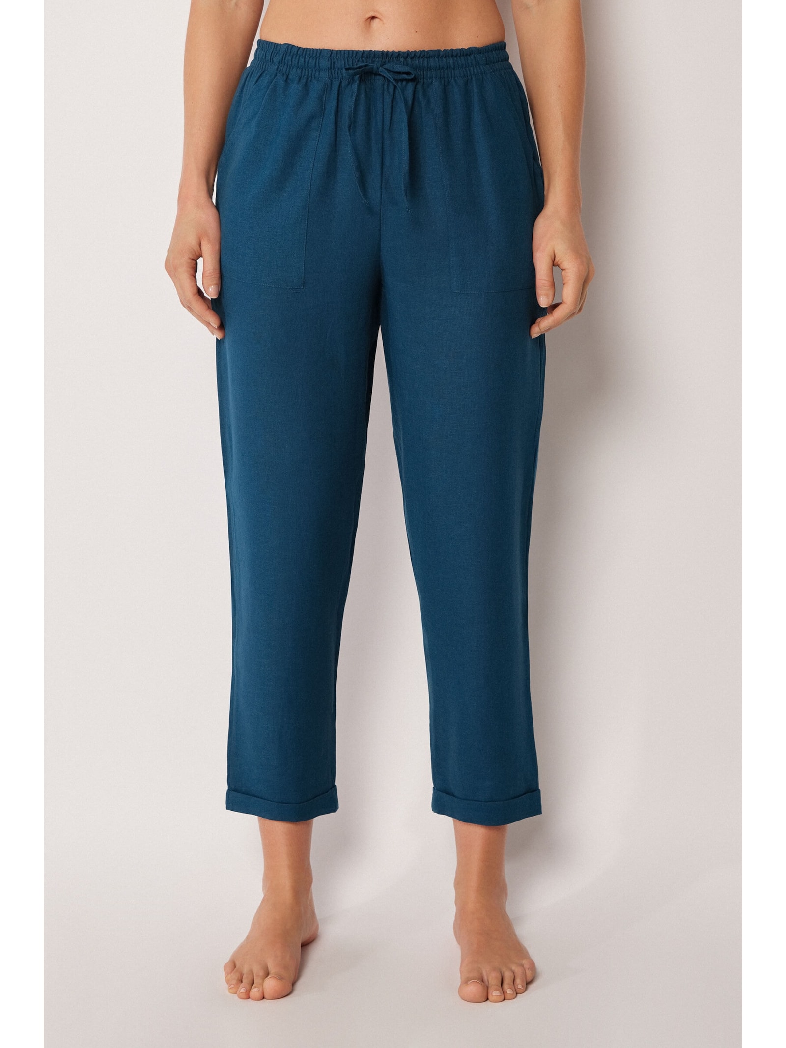 Calça Reta Em Linho e Viscose Azul Calzedonia