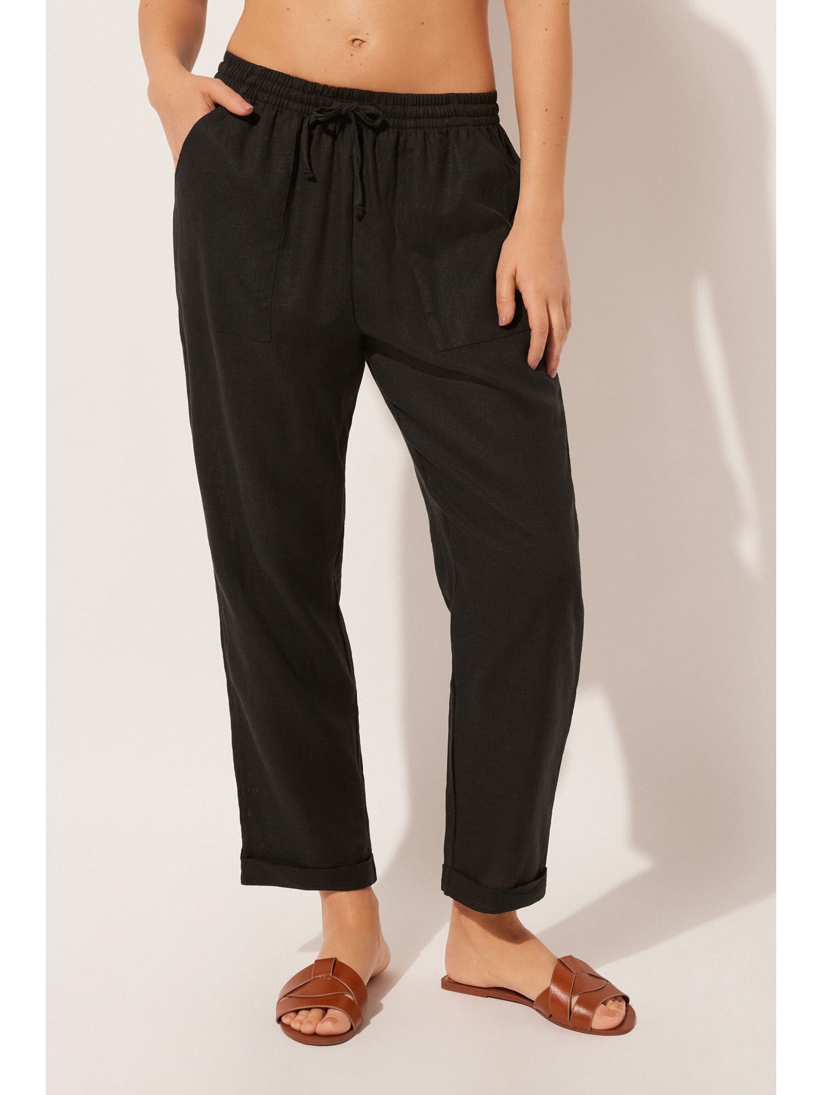 Calça Reta Em Linho e Viscose Preto Calzedonia