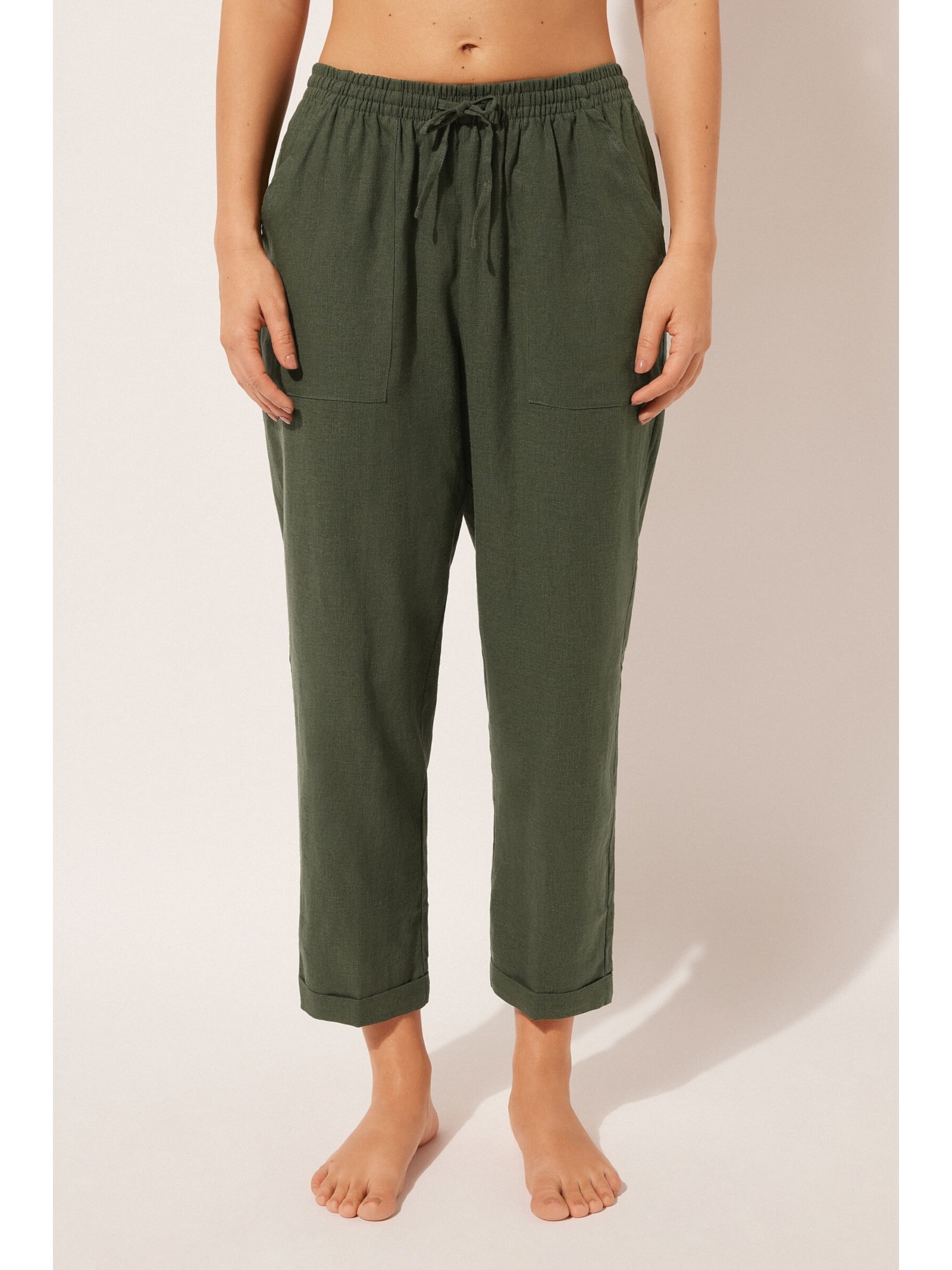 Calça Reta Em Linho e Viscose Verde Calzedonia