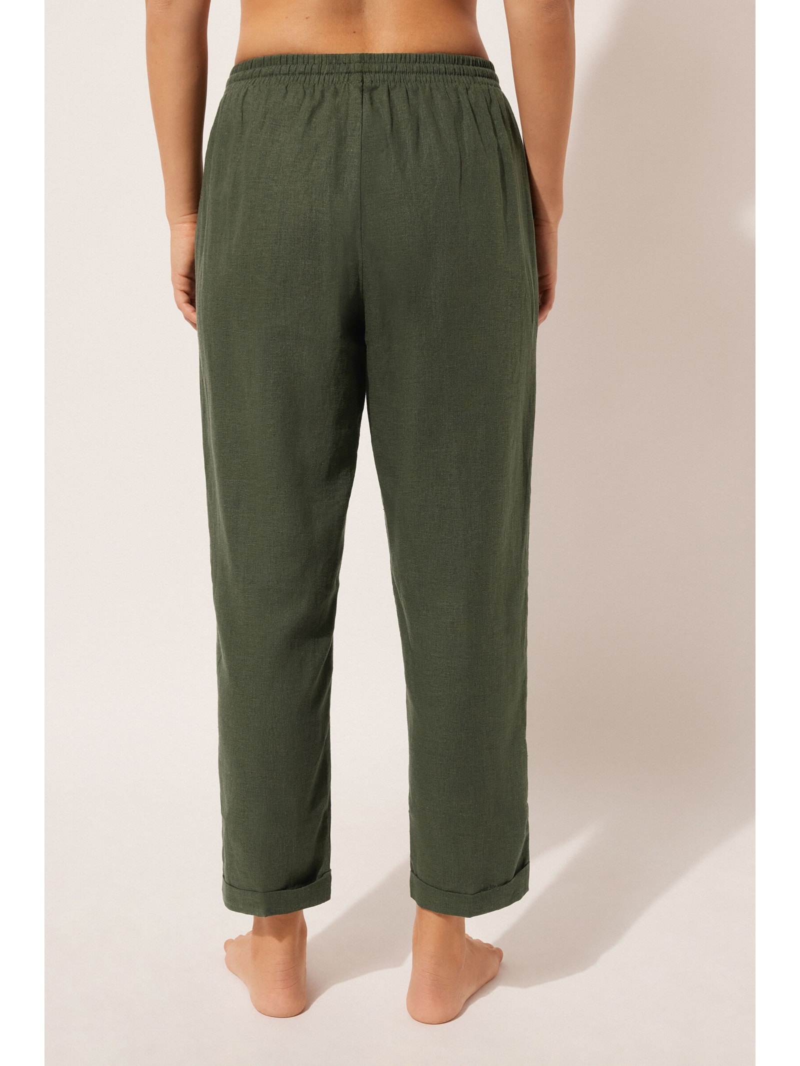 Calça Reta Em Linho e Viscose Verde Calzedonia