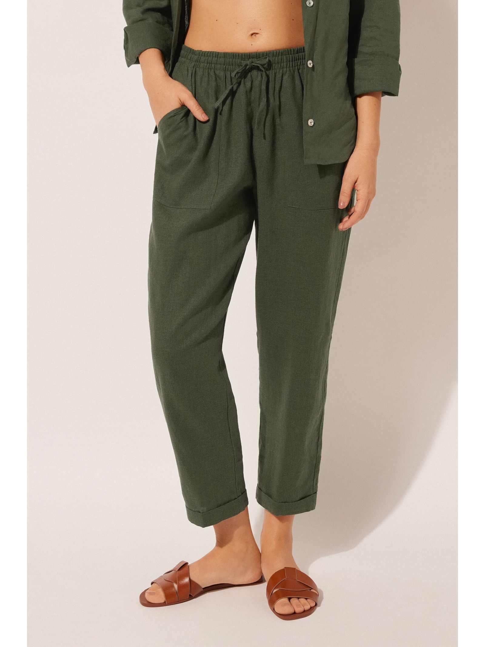 Calça Reta Em Linho e Viscose Verde Calzedonia