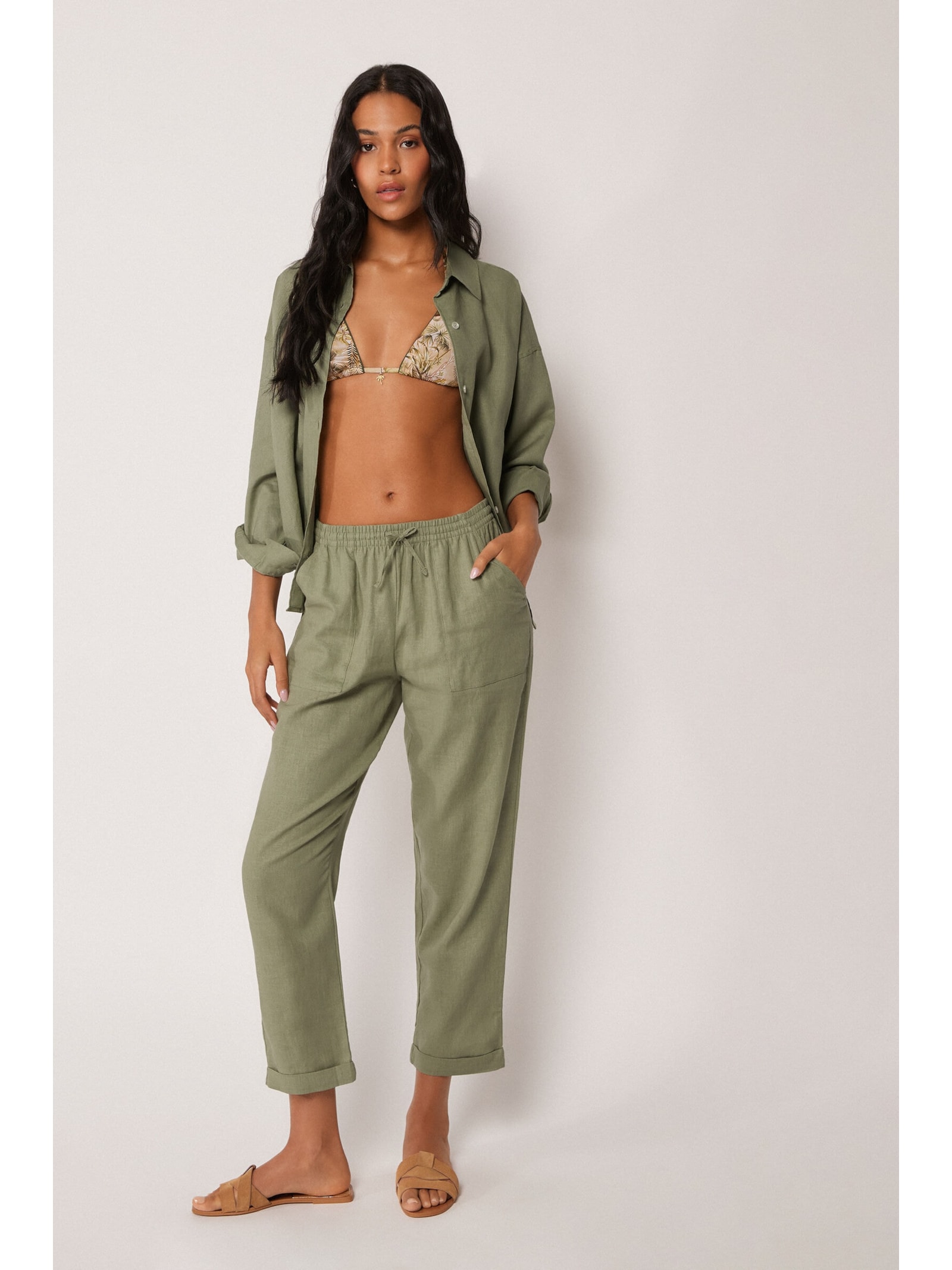 Calça Reta Em Linho e Viscose Verde Calzedonia
