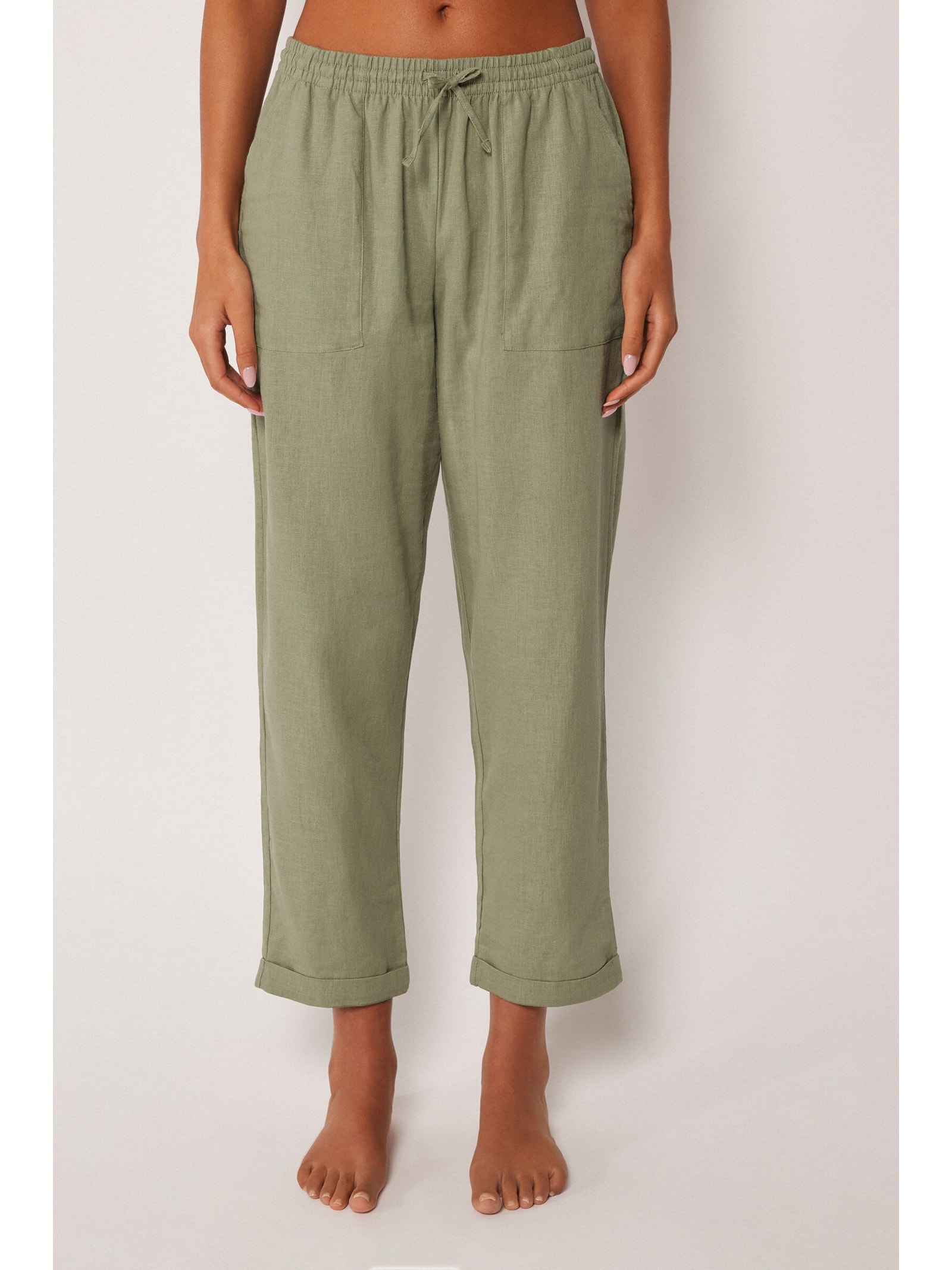 Calça Reta Em Linho e Viscose Verde Calzedonia
