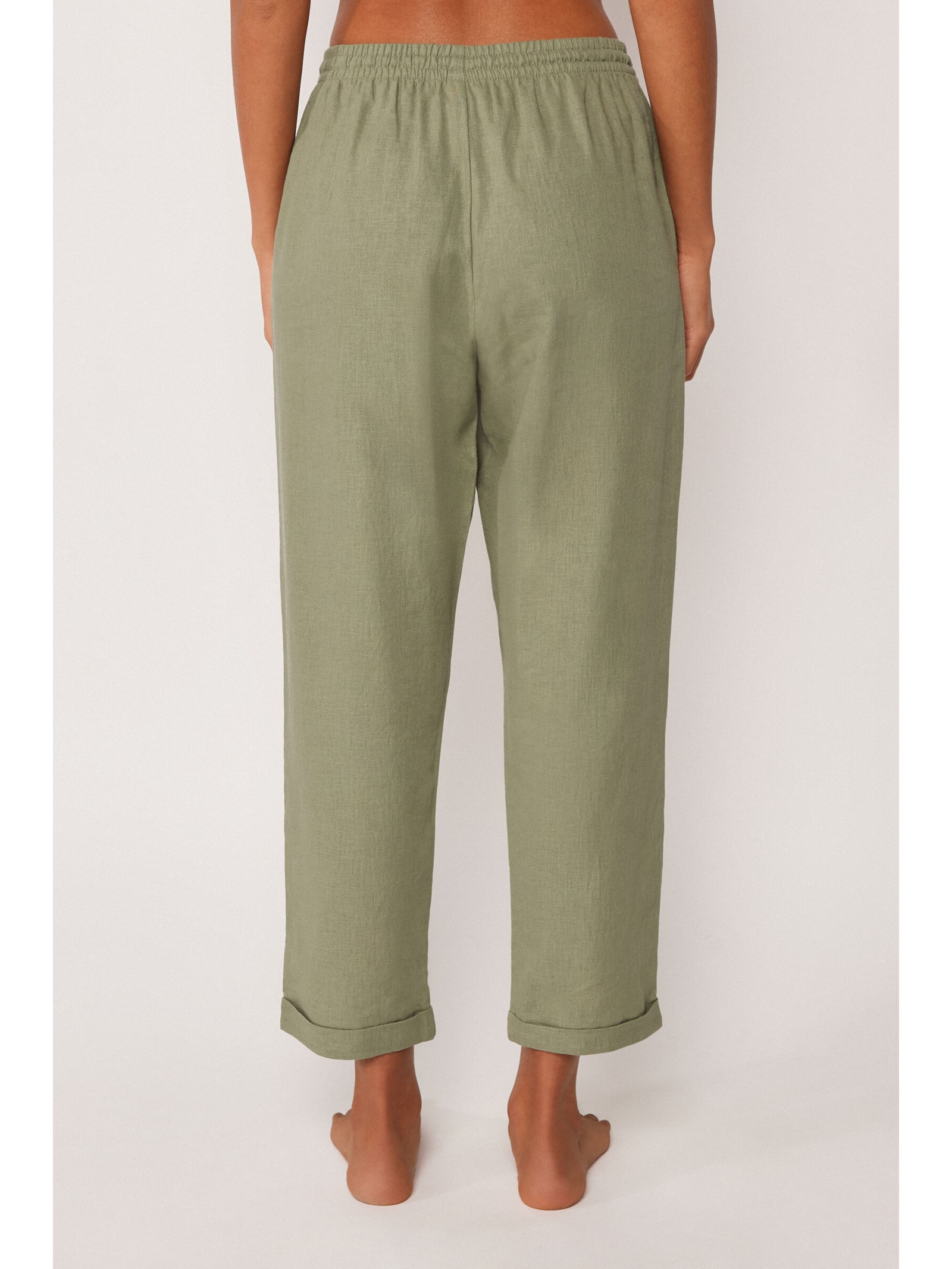 Calça Reta Em Linho e Viscose Verde Calzedonia