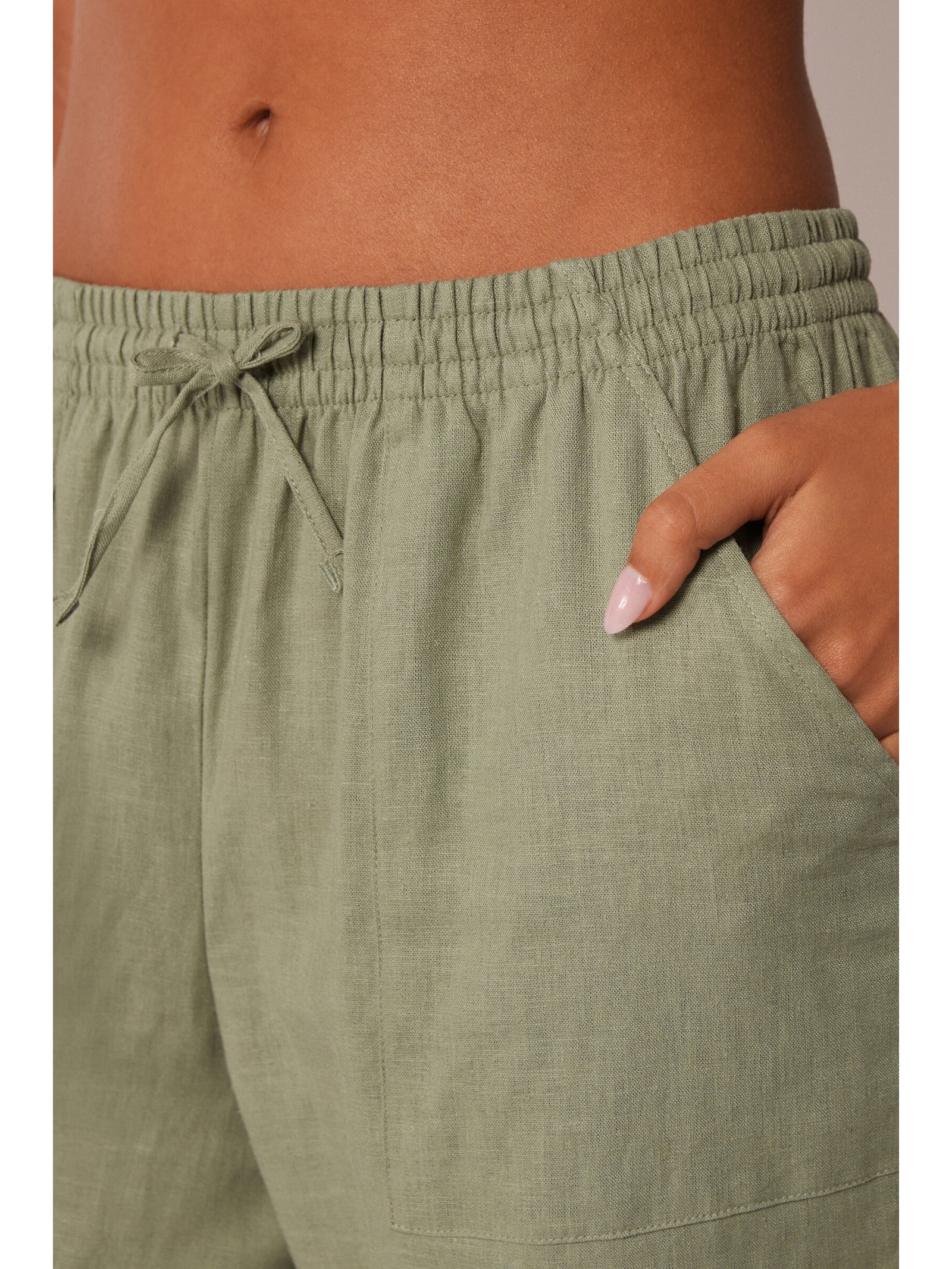 Calça Reta Em Linho e Viscose Verde Calzedonia