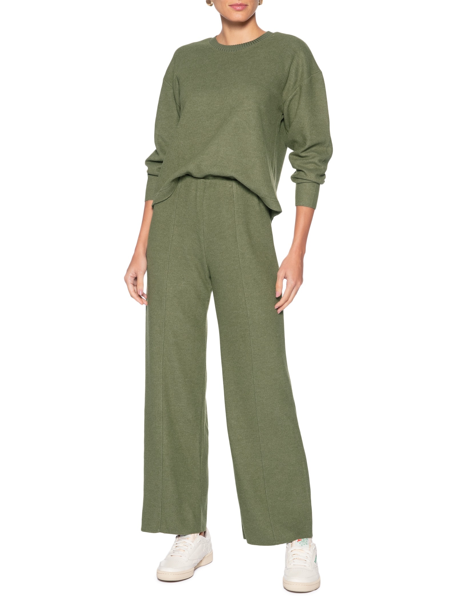 Calça Reta em Malha Tricot com Nervura Feminina Verde Basiq