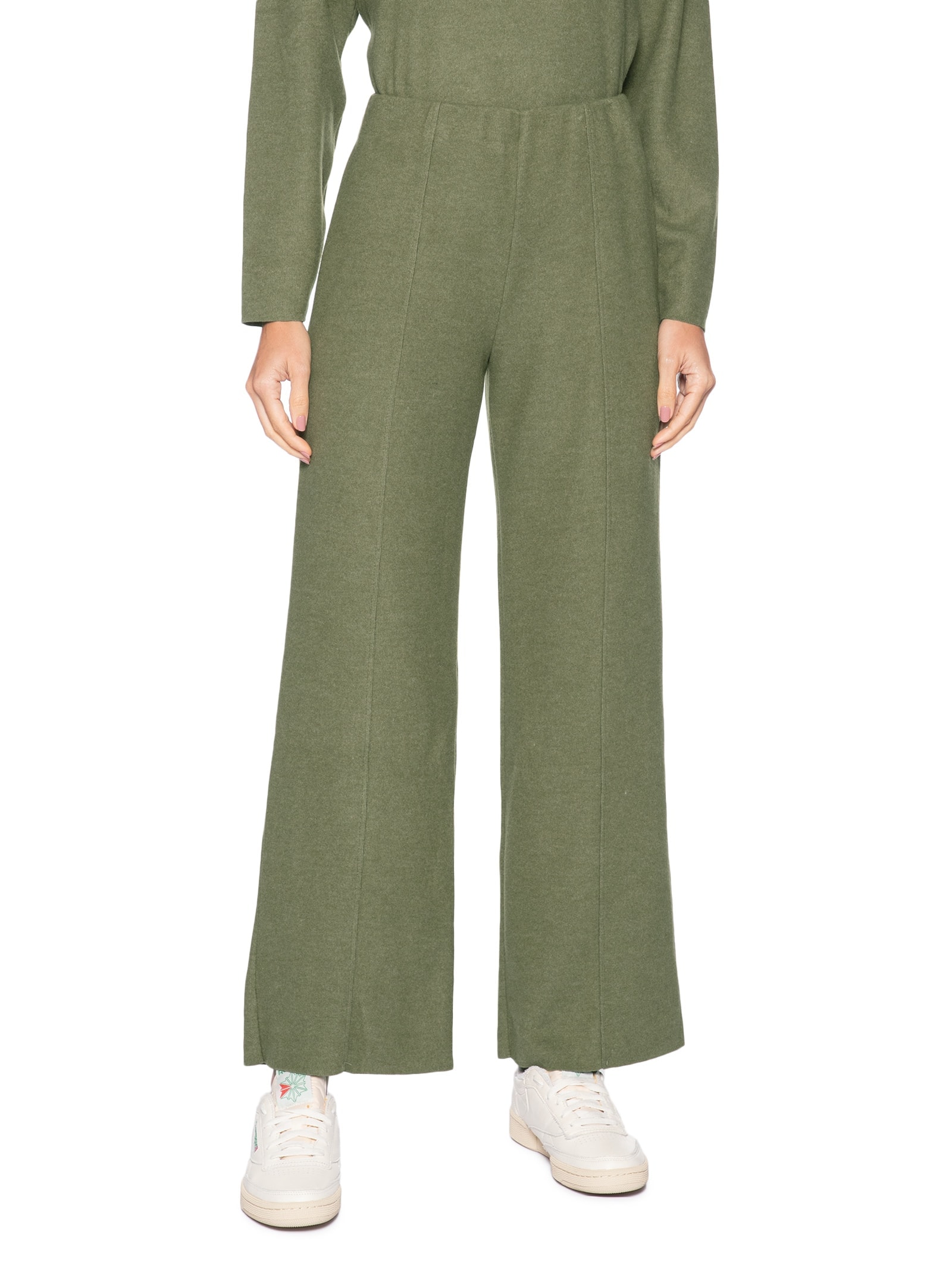 Calça Reta em Malha Tricot com Nervura Feminina Verde Basiq