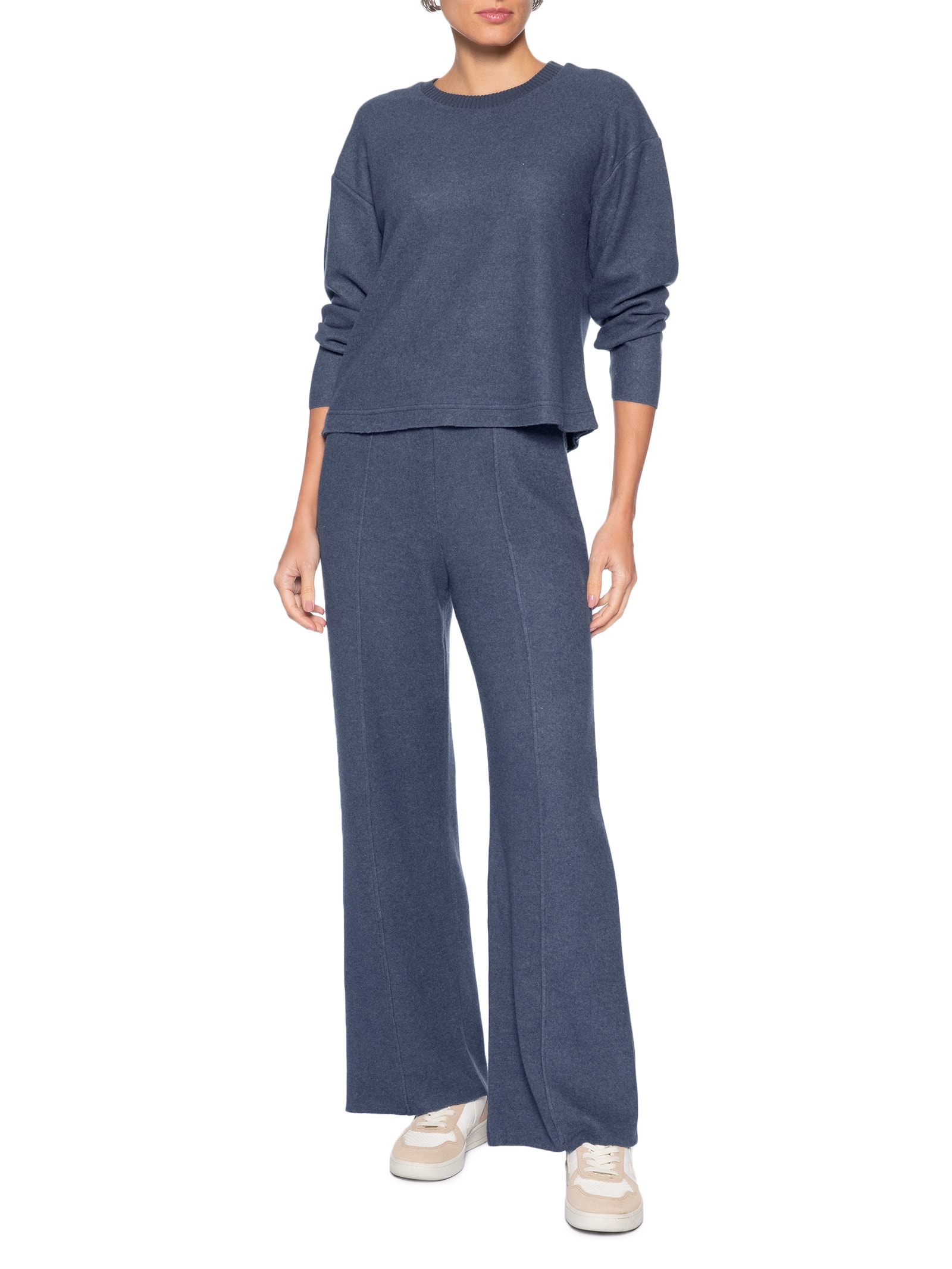 Calça Reta em Malha Tricot com Nervura Feminina – Azul Basiq