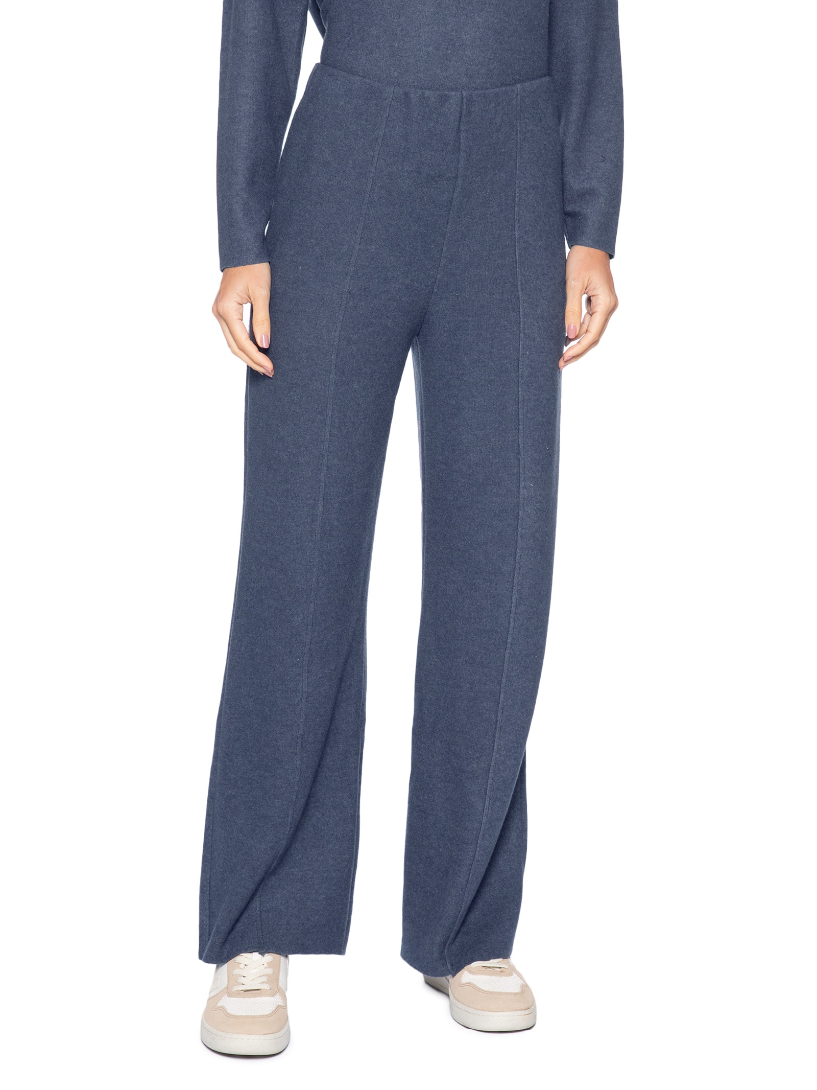 Calça Reta em Malha Tricot com Nervura Feminina – Azul Basiq