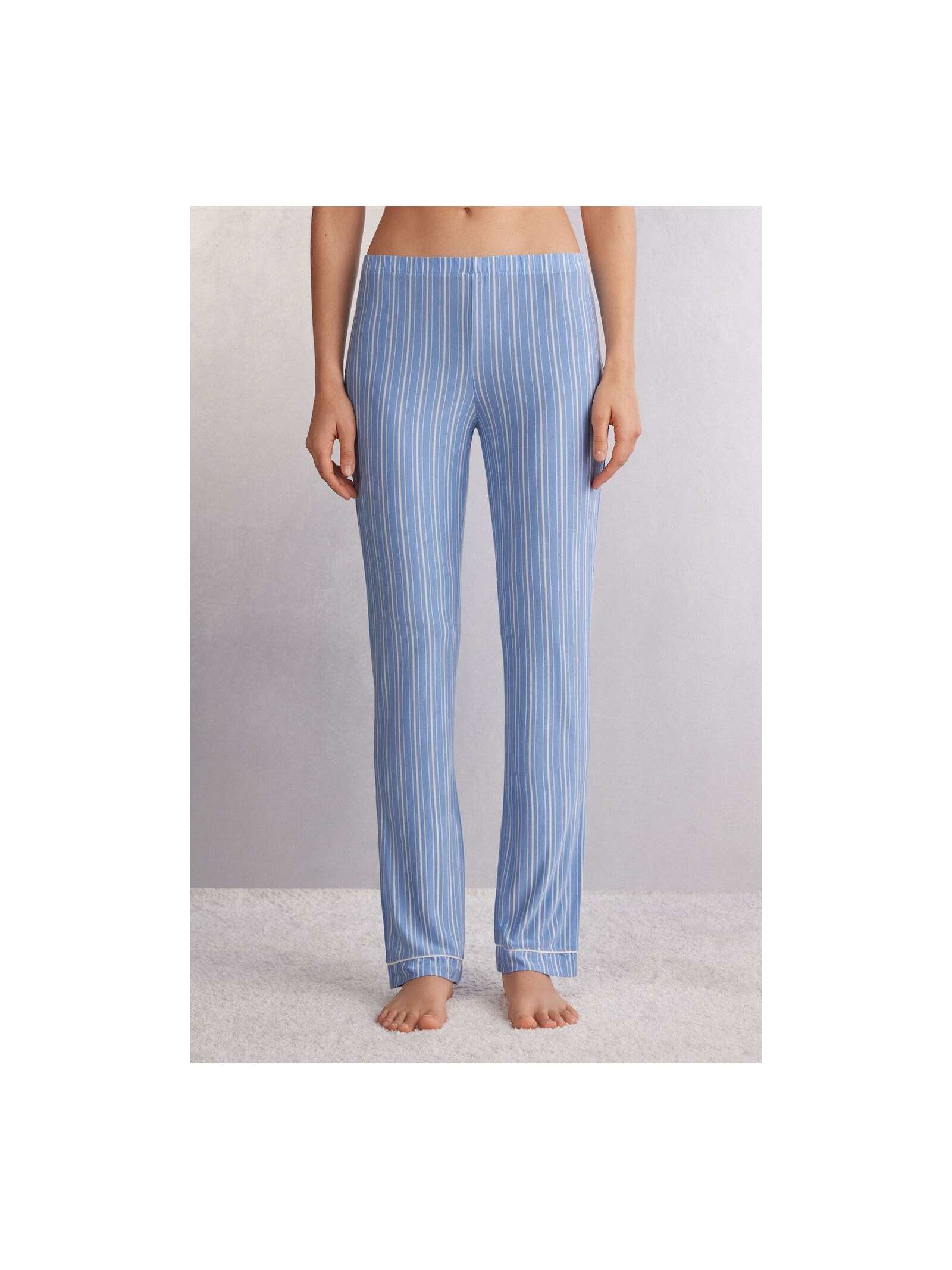 Calça Reta Em Modal Oxford Stripes Azul Intimissimi