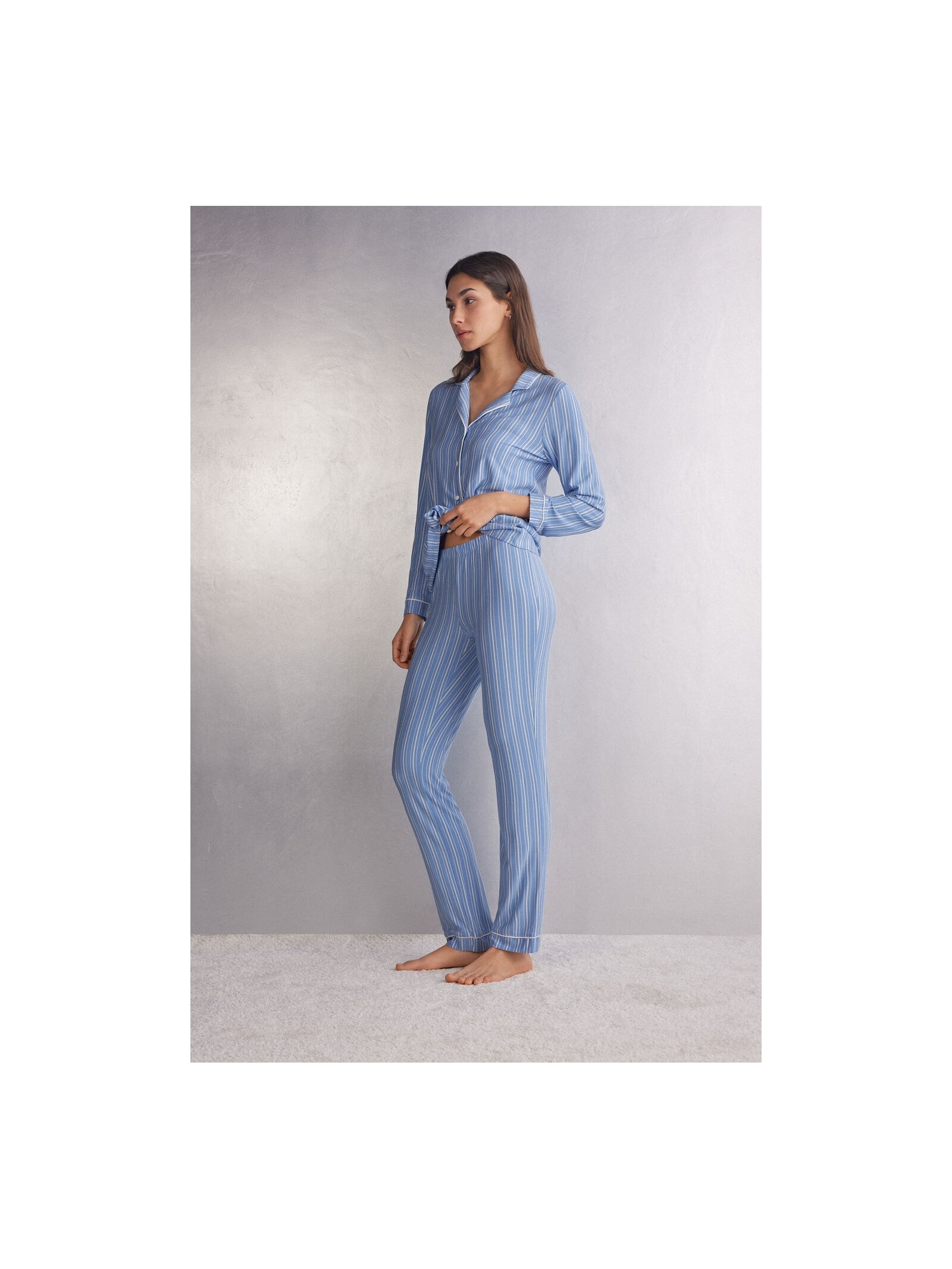 Calça Reta Em Modal Oxford Stripes Azul Intimissimi