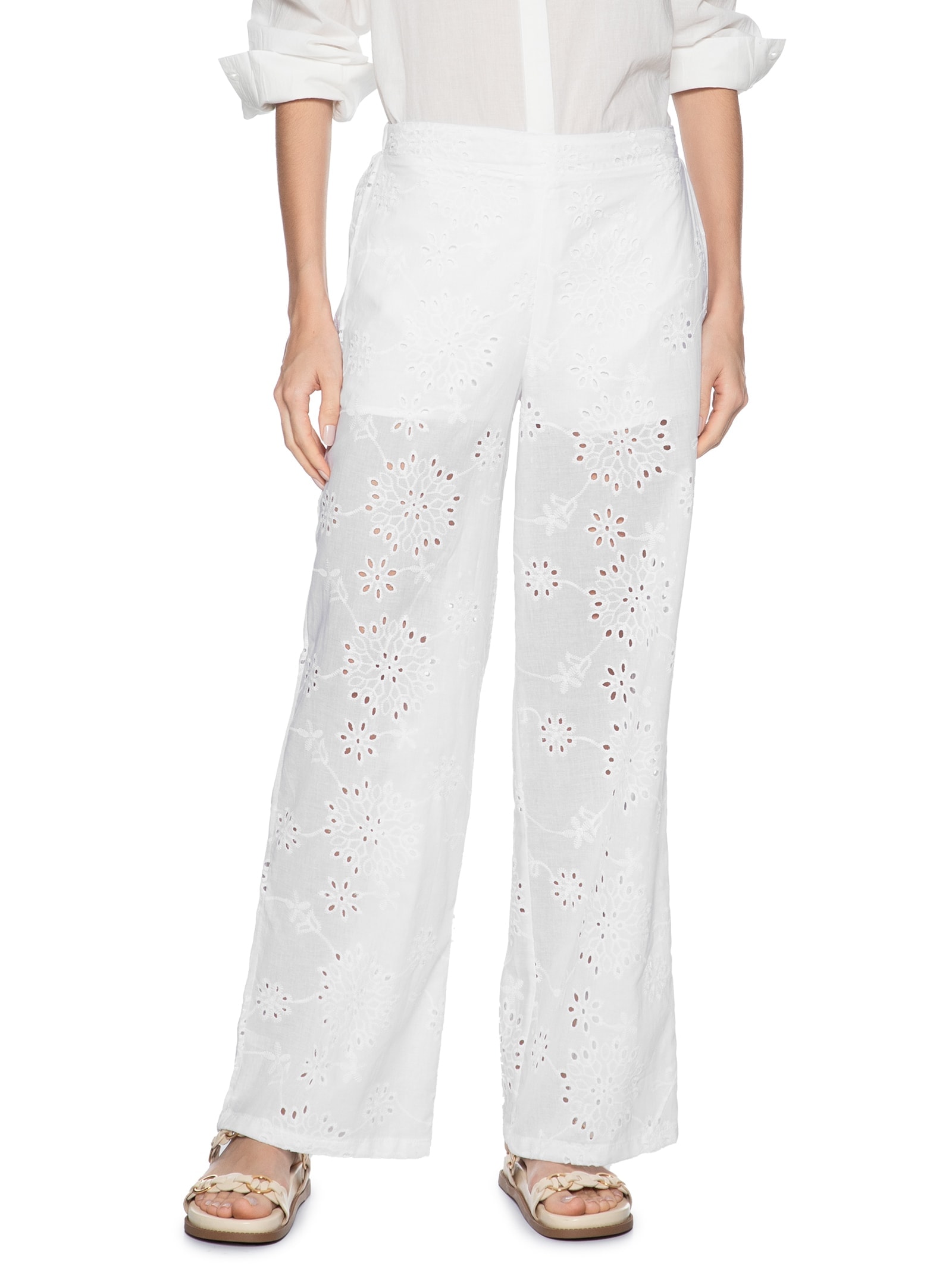 Calça Reta Feminina Em Laise Branco Market 33