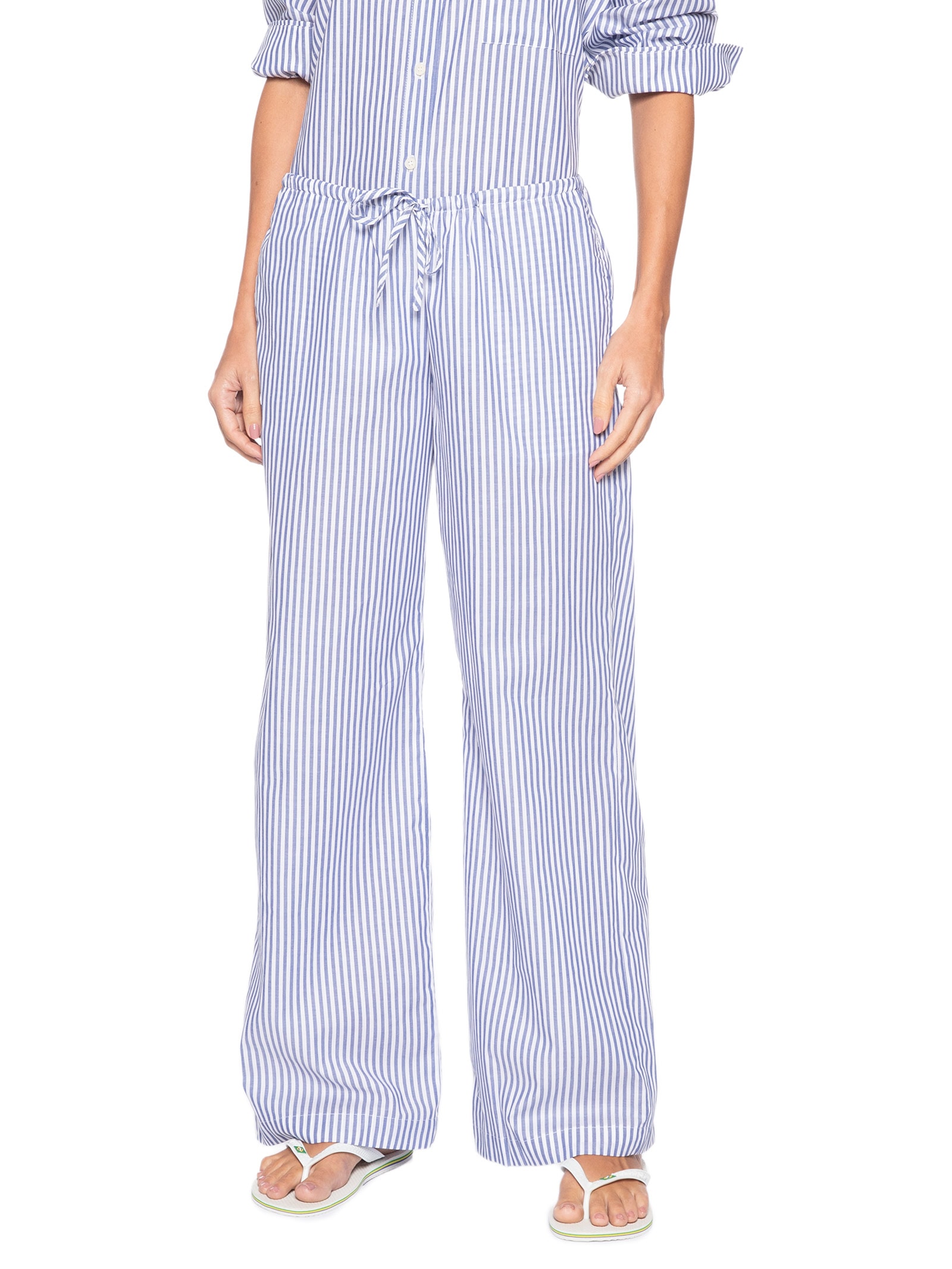Calça Reta Tricoline Listras Feminina Azul Panô