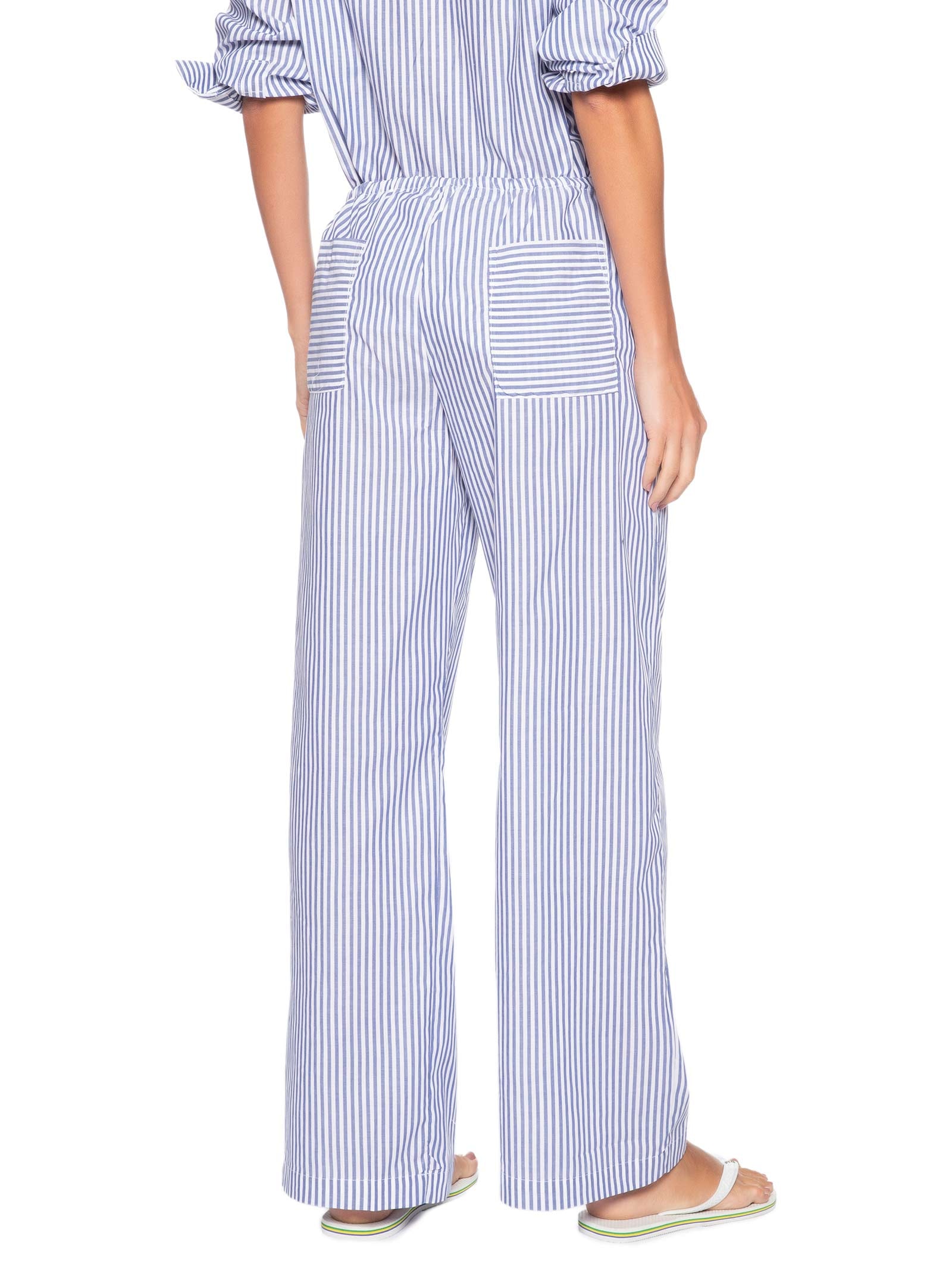 Calça Reta Tricoline Listras Feminina Azul Panô
