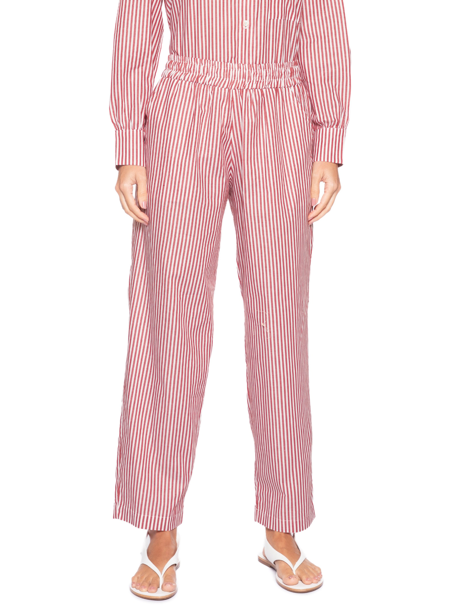 Calça Reta Tricoline Listras Feminina Vermelho Panô