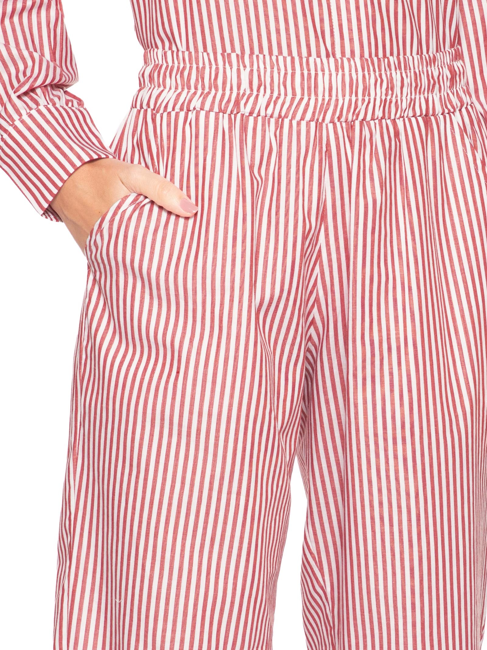 Calça Reta Tricoline Listras Feminina Vermelho Panô
