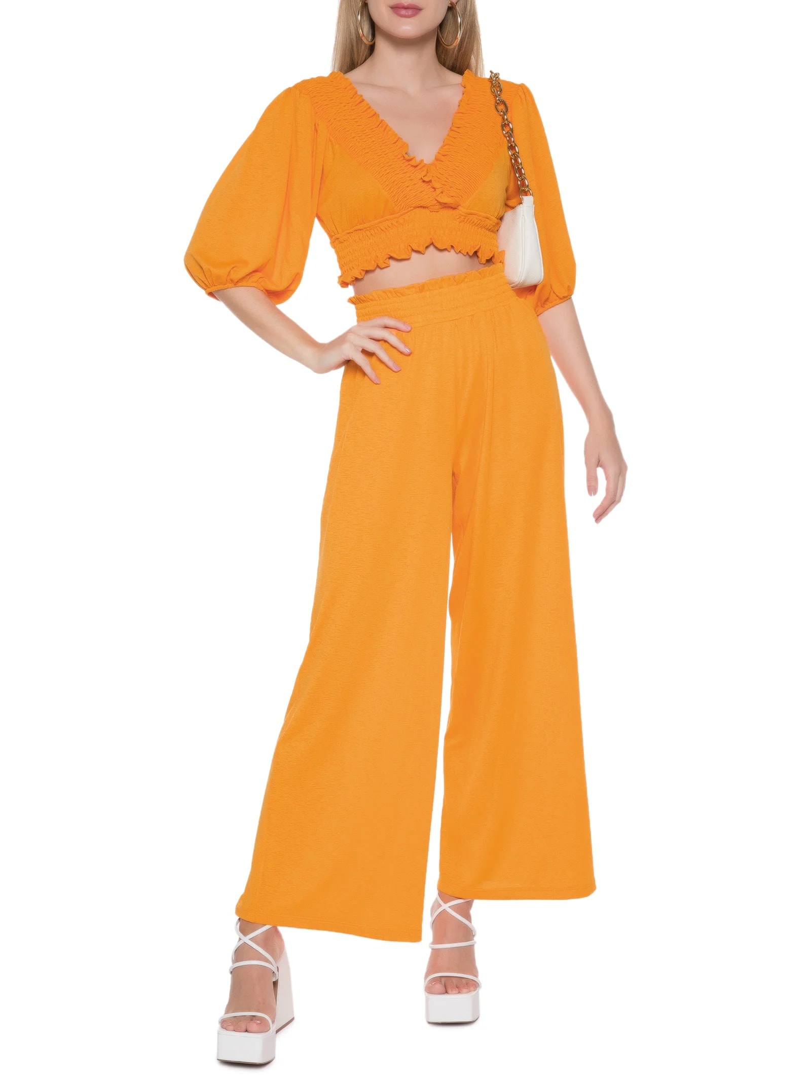 Calça Wide Leg Cintura Alta Laranja My Favorite Things