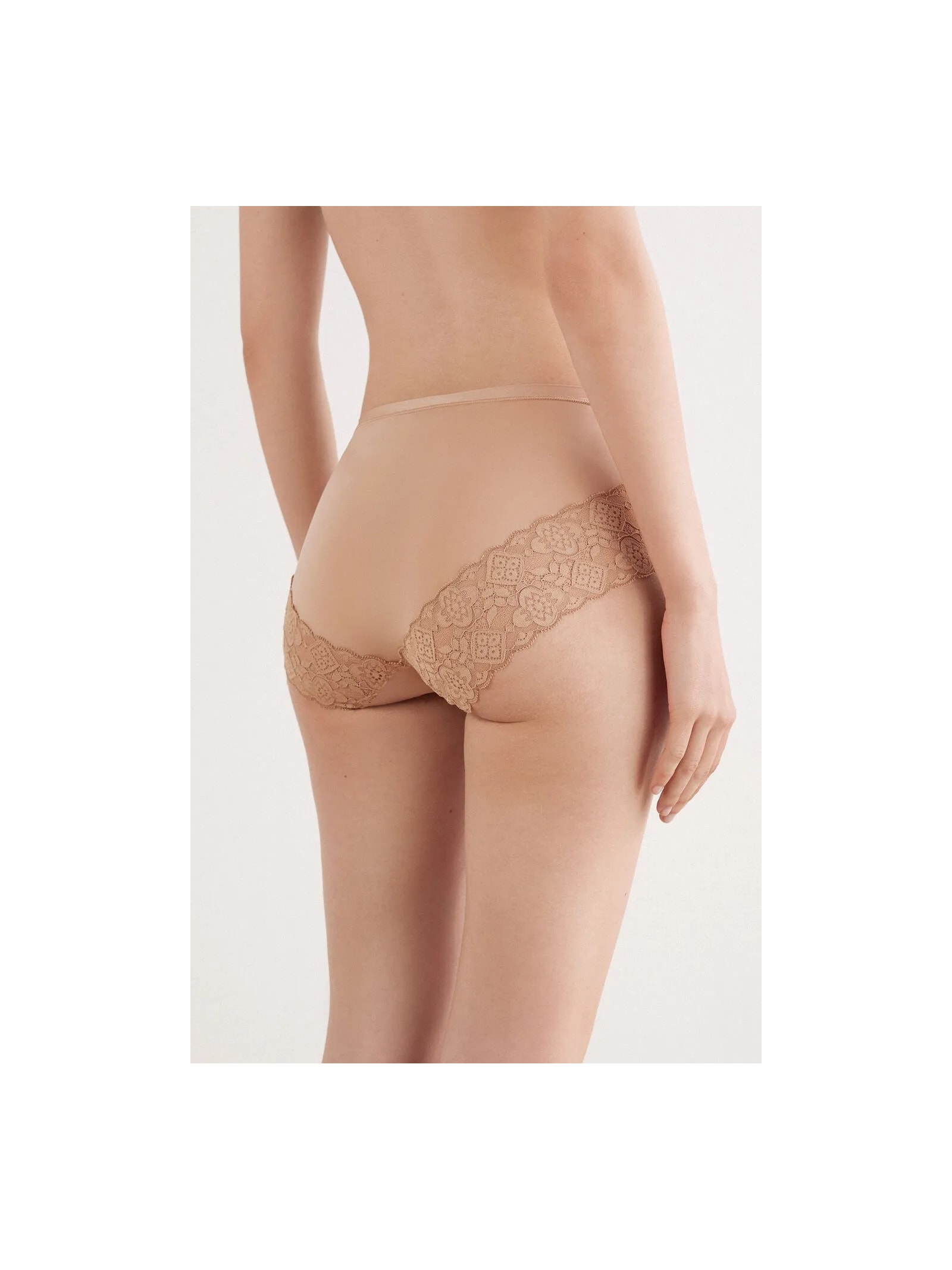 Calcinha Cintura Alta Em Microfibra e Renda Bege Intimissimi