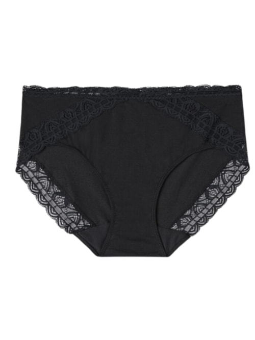 Calcinha Cintura Semi-Alta Em Algodão e Renda - Preto