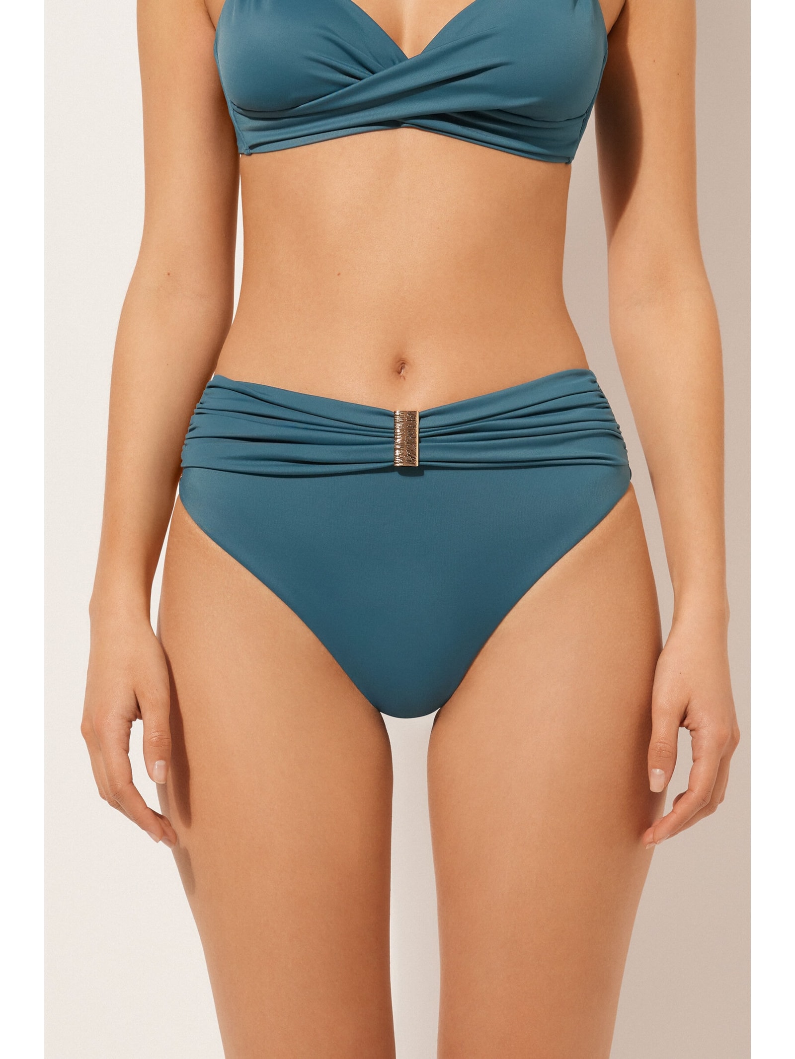 Calcinha De Biquíni De Cintura Alta Com Drapeado Scultura Azul Calzedonia