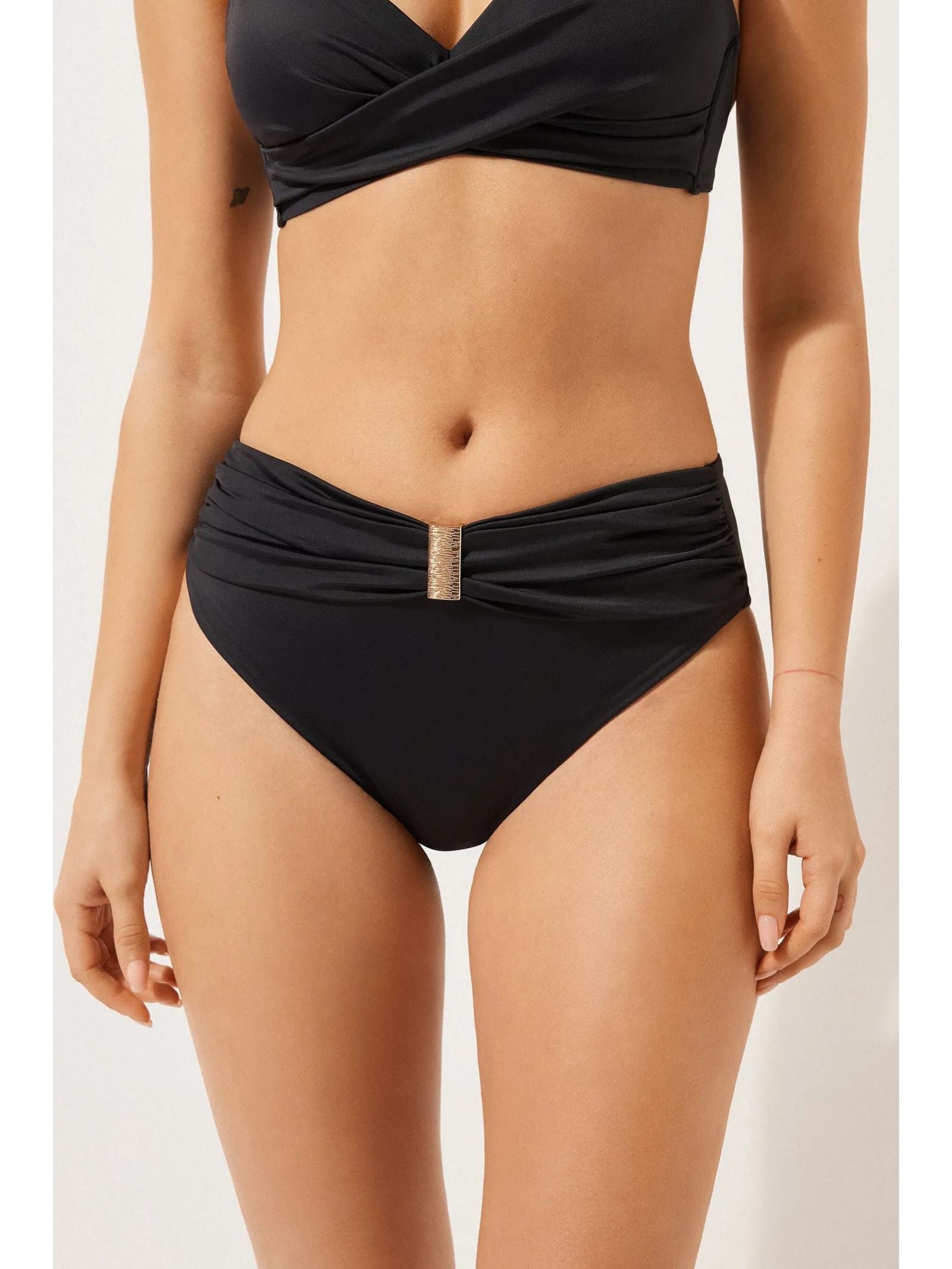 Calcinha De Biquíni De Cintura Alta Com Drapeado Scultura Preto Calzedonia