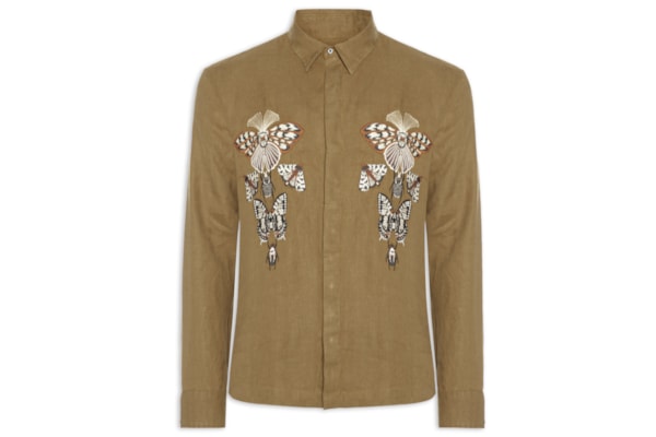 Camisa Casual Manga Longa Masculina Linen Bordado Cabinet - Bege