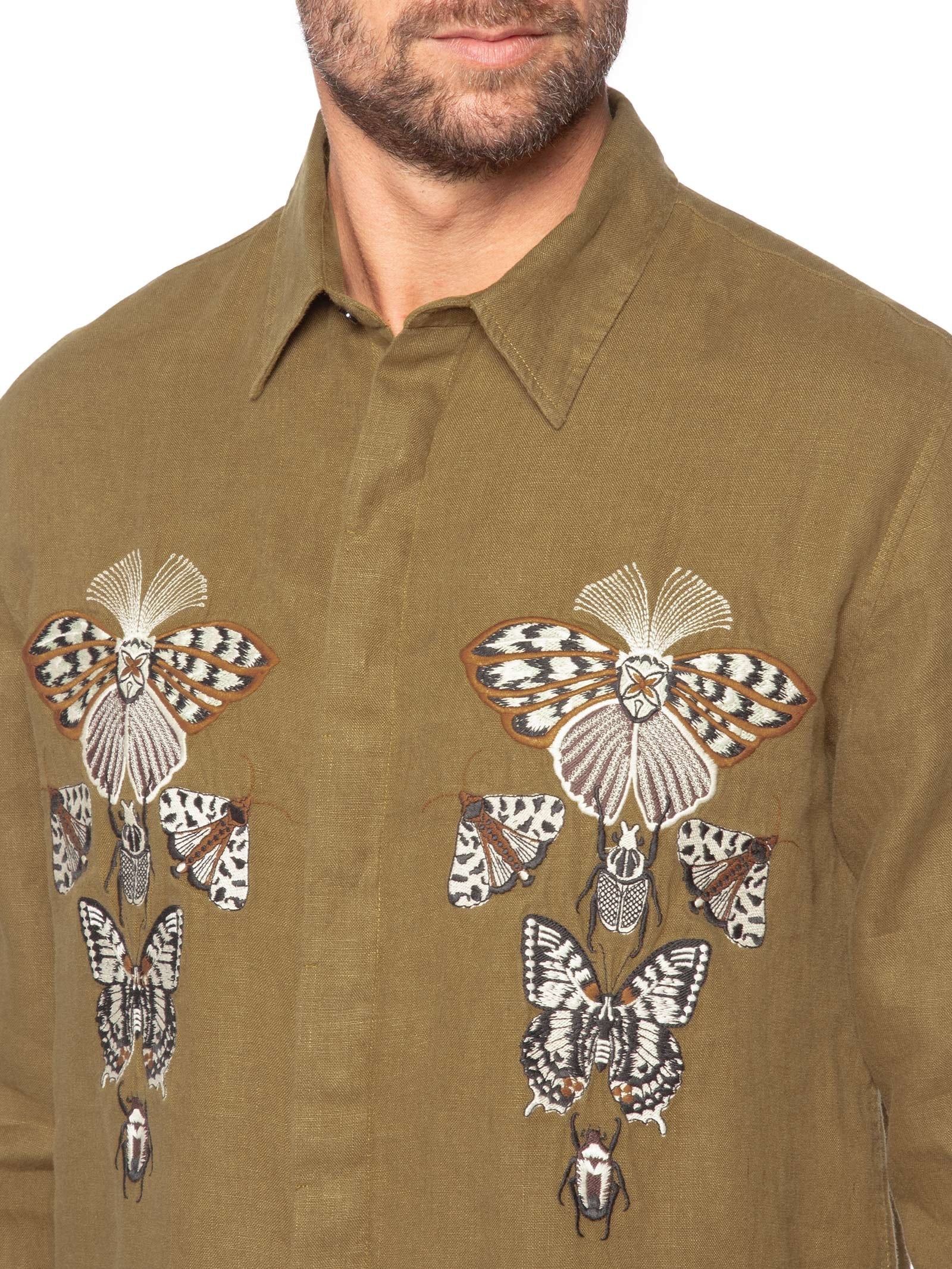 Camisa Casual Manga Longa Masculina Linen Bordado Cabinet Bege Osklen